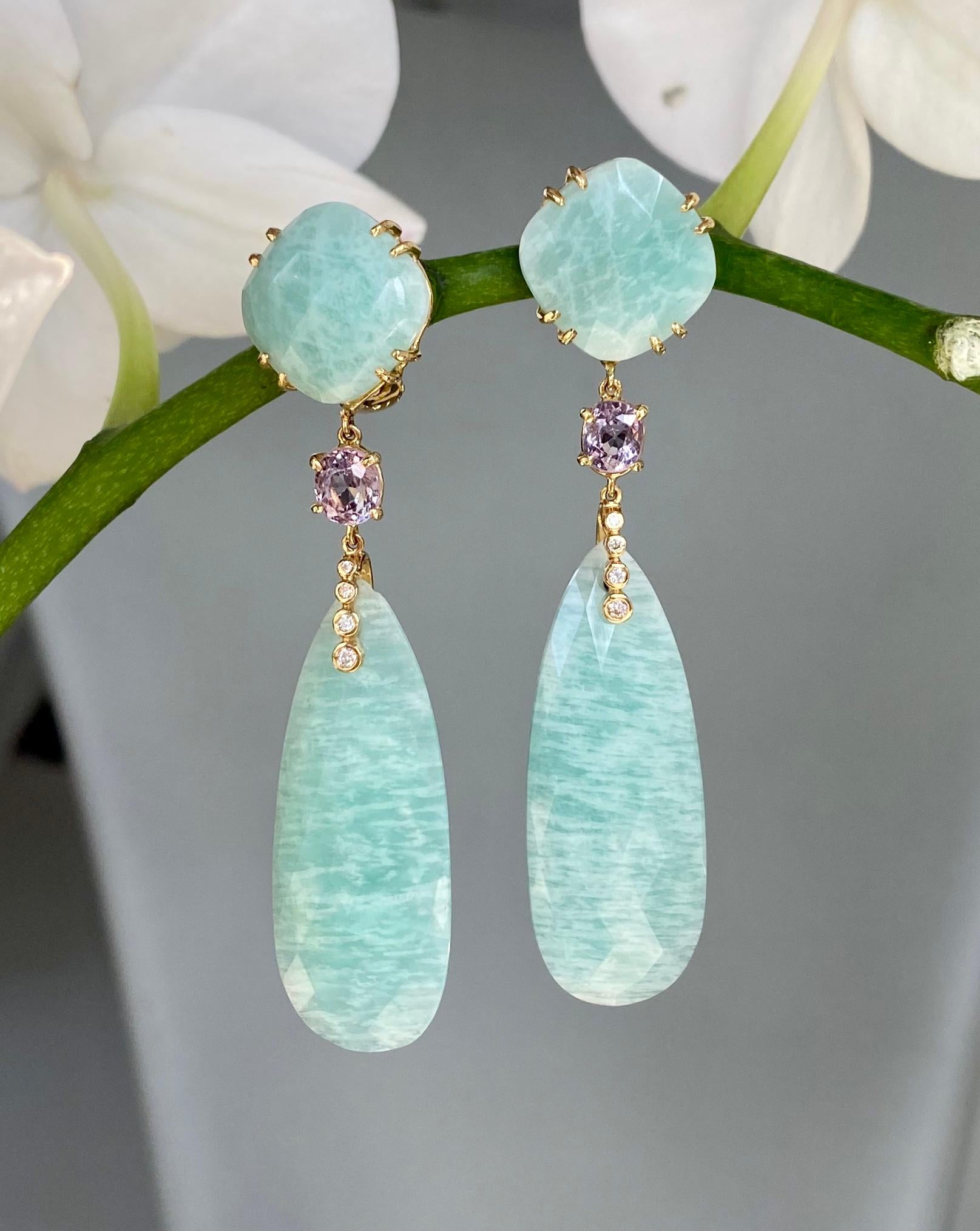 18 Karat Yellow Gold Rose Cut Amazonite Spinel Diamond Drop Dangle Earrings In New Condition In New York, NY