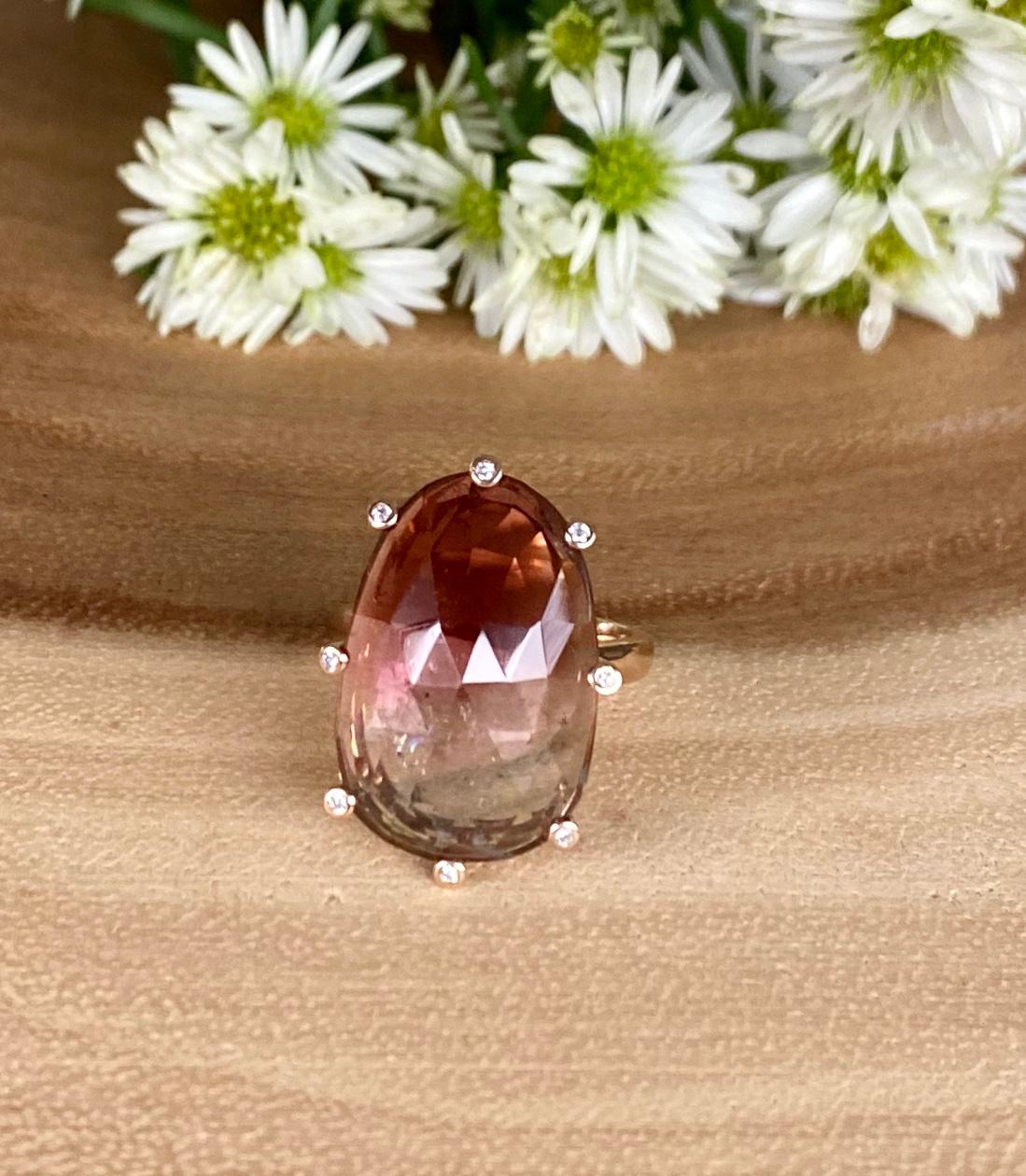 18 Karat Rose Gold Rose Cut Bicolor Tourmaline Diamond Cocktail Ring In New Condition In New York, NY