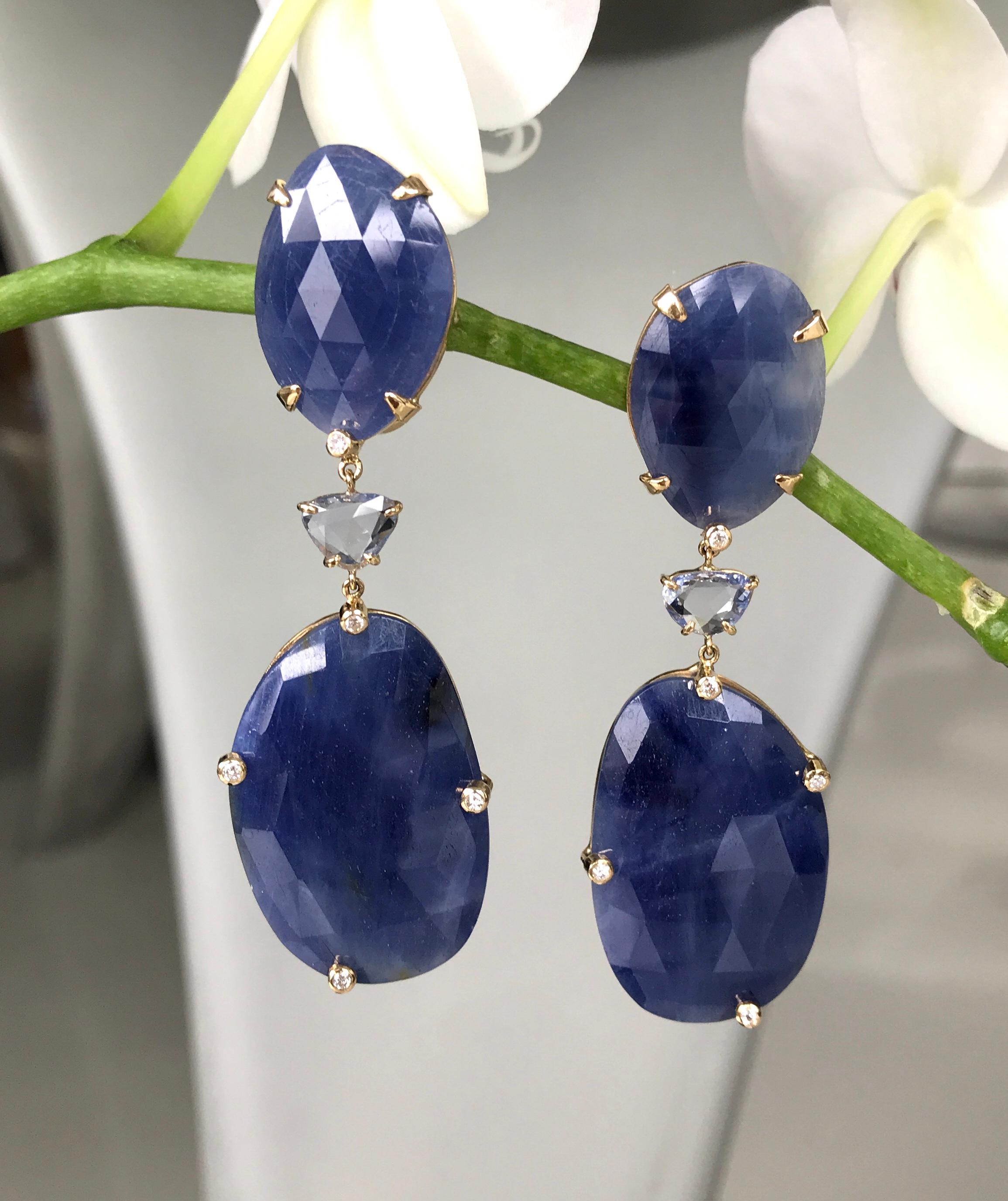 Contemporary 18 Karat Yellow Gold Rose Cut Blue Sapphire Diamond Drop Dangle Earrings For Sale