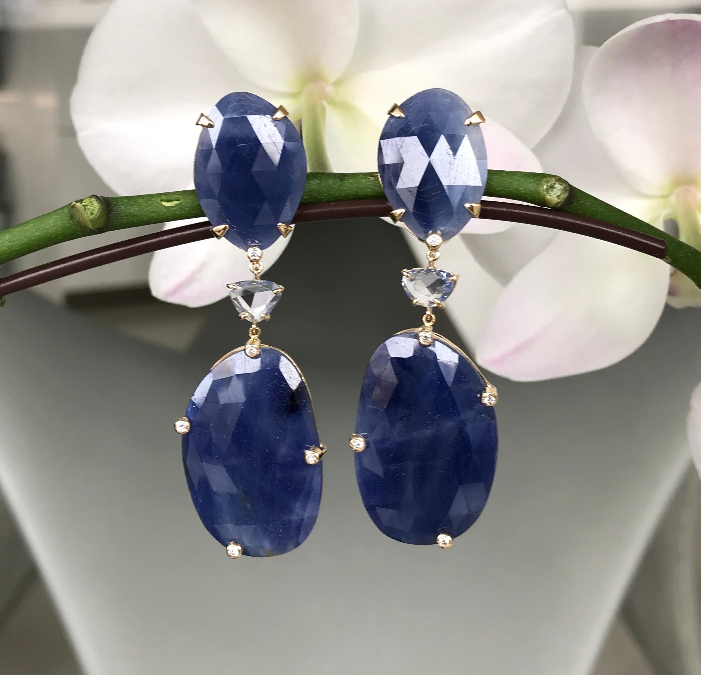 Women's 18 Karat Yellow Gold Rose Cut Blue Sapphire Diamond Drop Dangle Earrings For Sale