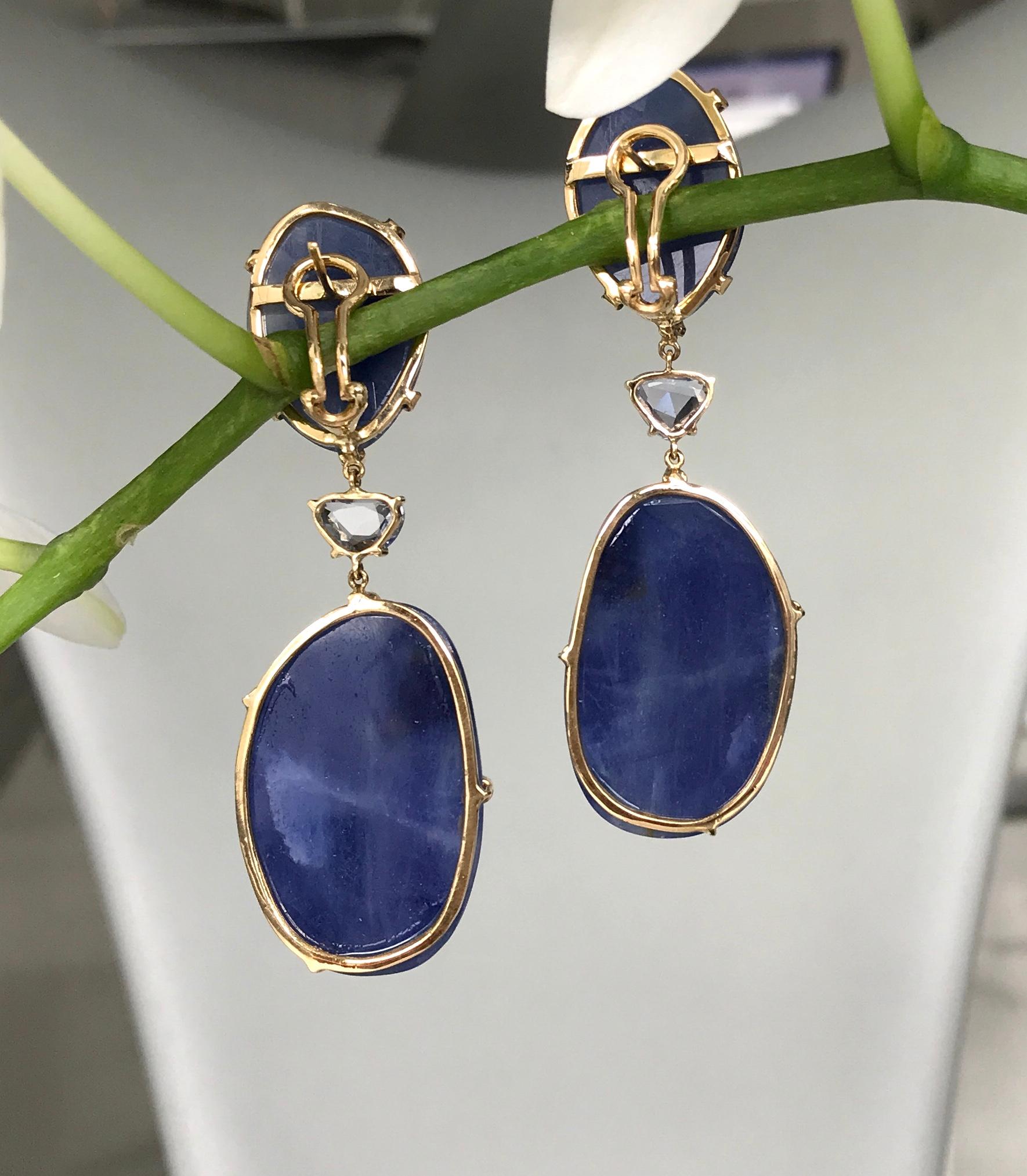 18 Karat Yellow Gold Rose Cut Blue Sapphire Diamond Drop Dangle Earrings For Sale 2
