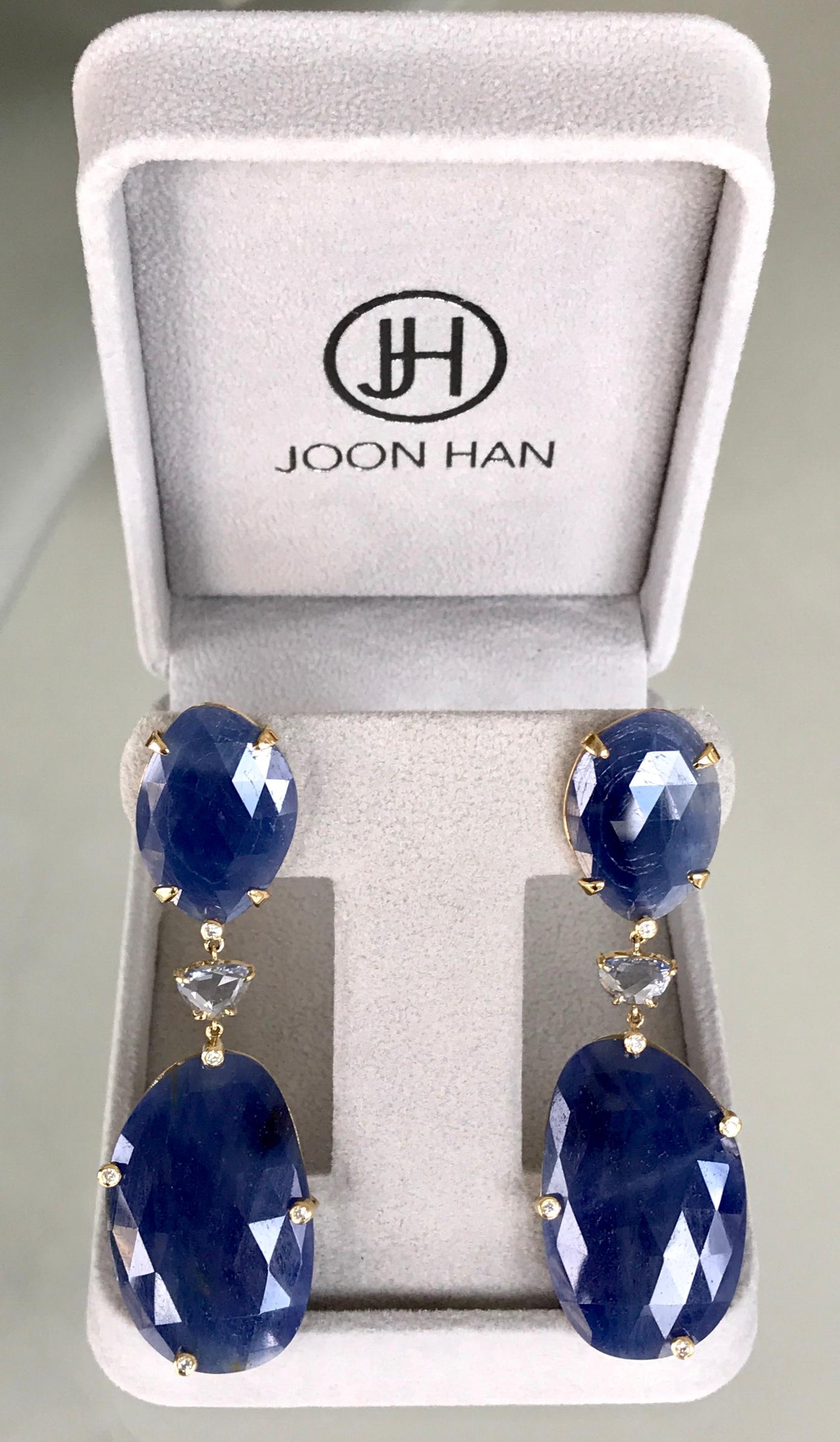 18 Karat Yellow Gold Rose Cut Blue Sapphire Diamond Drop Dangle Earrings For Sale 3