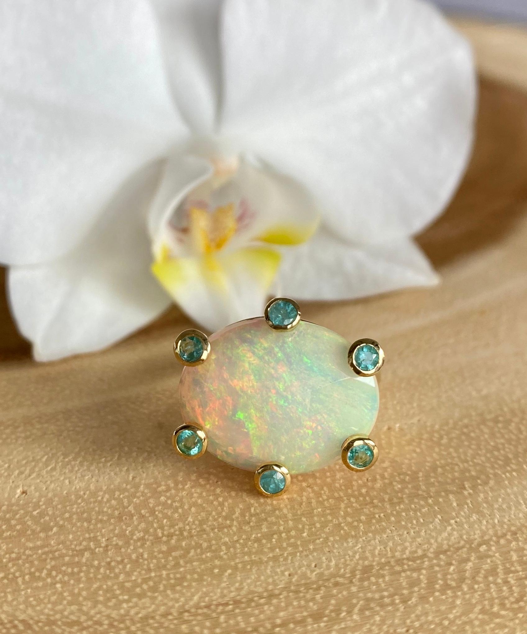 18 Karat Yellow Gold Rose Cut Opal Paraiba Tourmaline Solitaire Cocktail Ring In New Condition For Sale In New York, NY