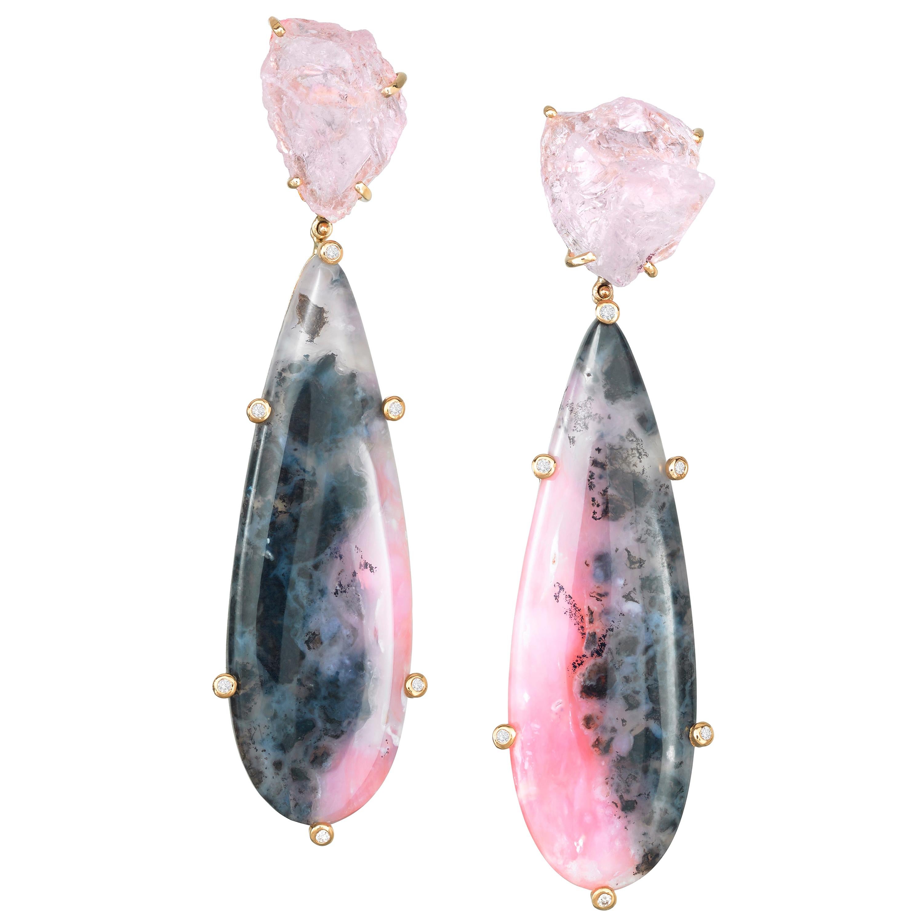 18 Karat Yellow Gold Rough Morganite Pink Opal Diamond Drop Dangle Earrings