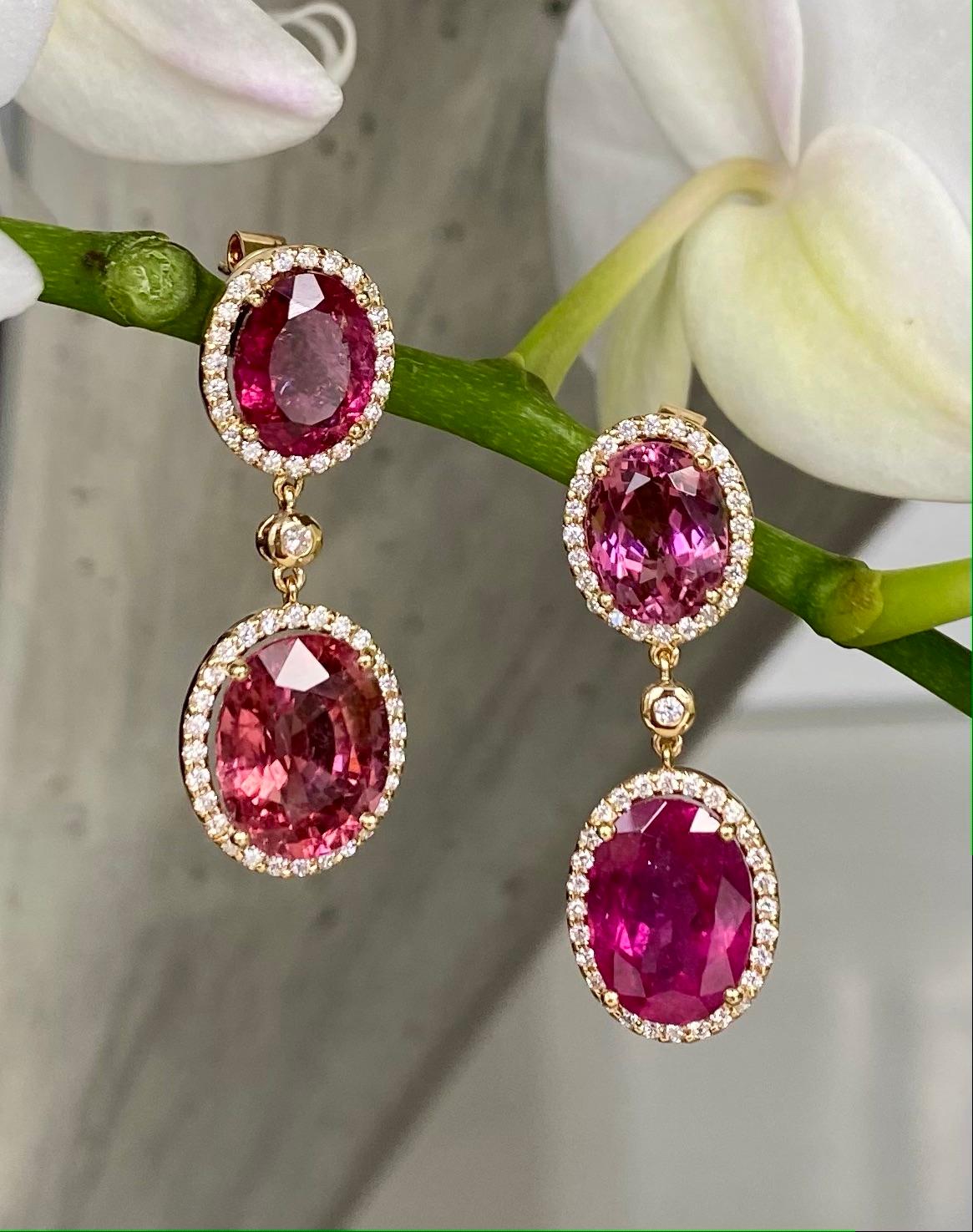One-of-a-kind rubellite, multi-pink tourmalines and diamond drop dangle earrings, handcrafted in 18 karat yellow gold.

These are luxurious, beautiful dangle earrings of velvety crimson rubellites and pink tourmalines encircled by brilliant