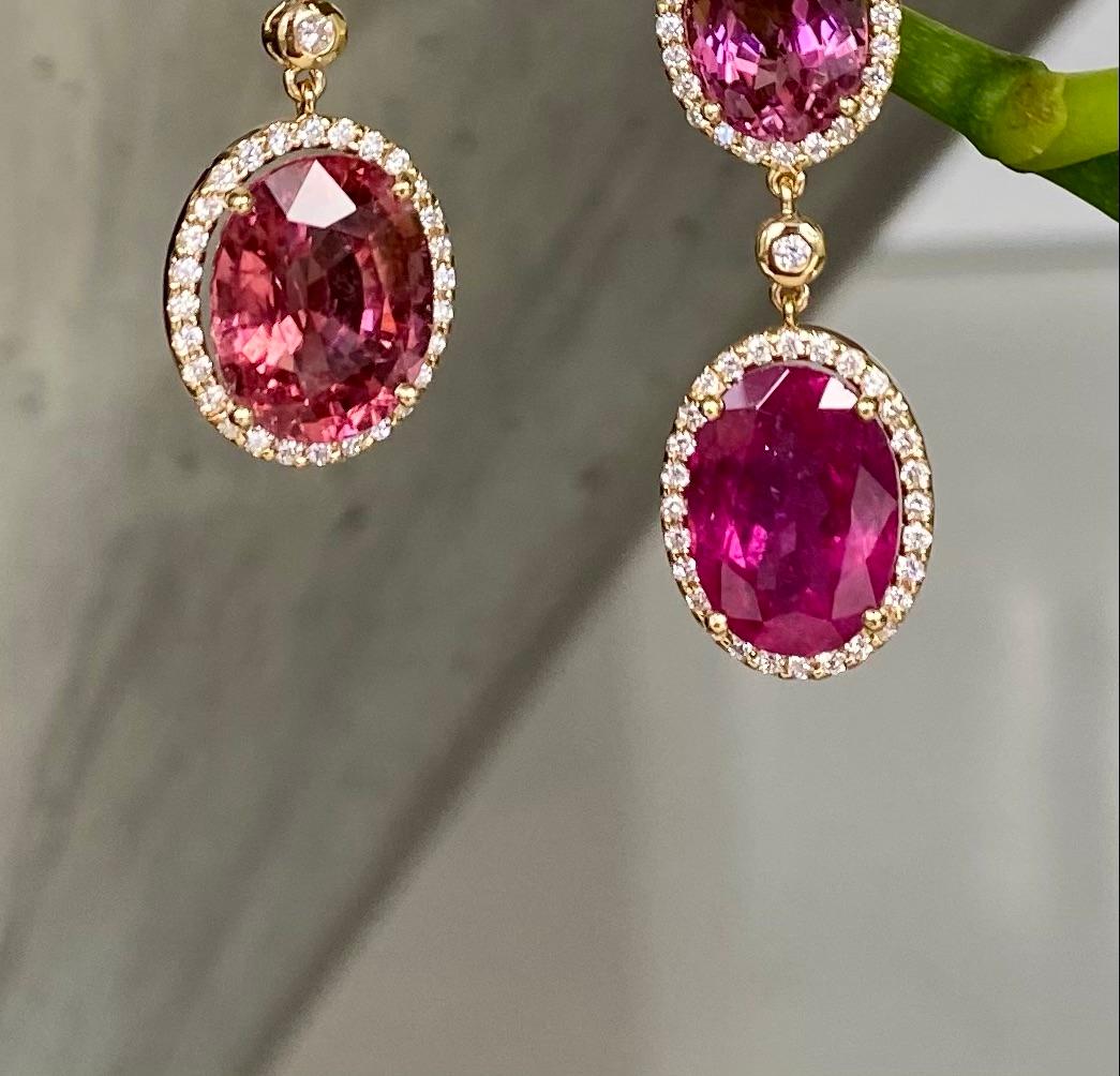 Contemporary 18 Karat Yellow Gold Rubellite Pink Tourmaline Diamond Drop Dangle Earrings For Sale
