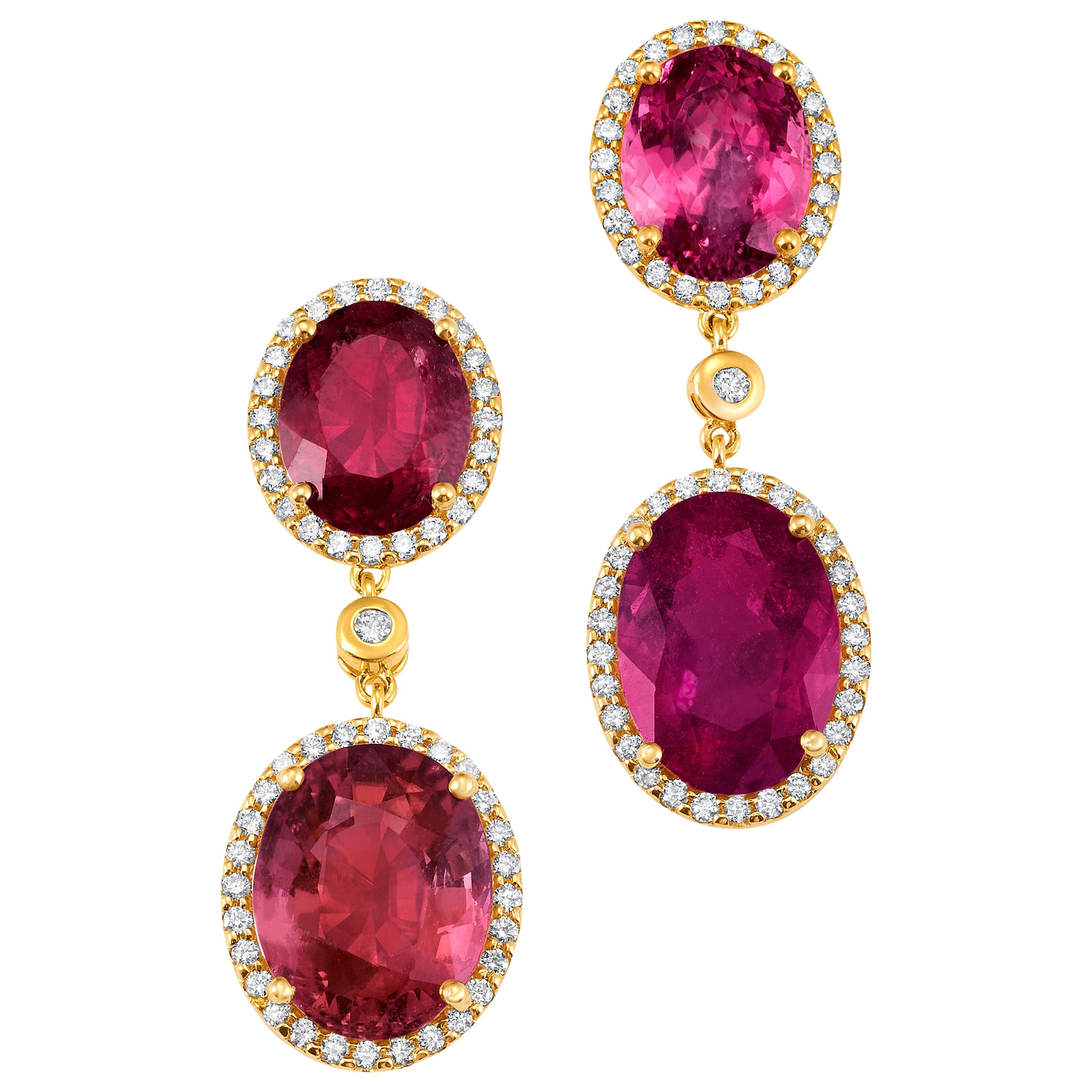 18 Karat Yellow Gold Rubellite Pink Tourmaline Diamond Drop Dangle Earrings For Sale