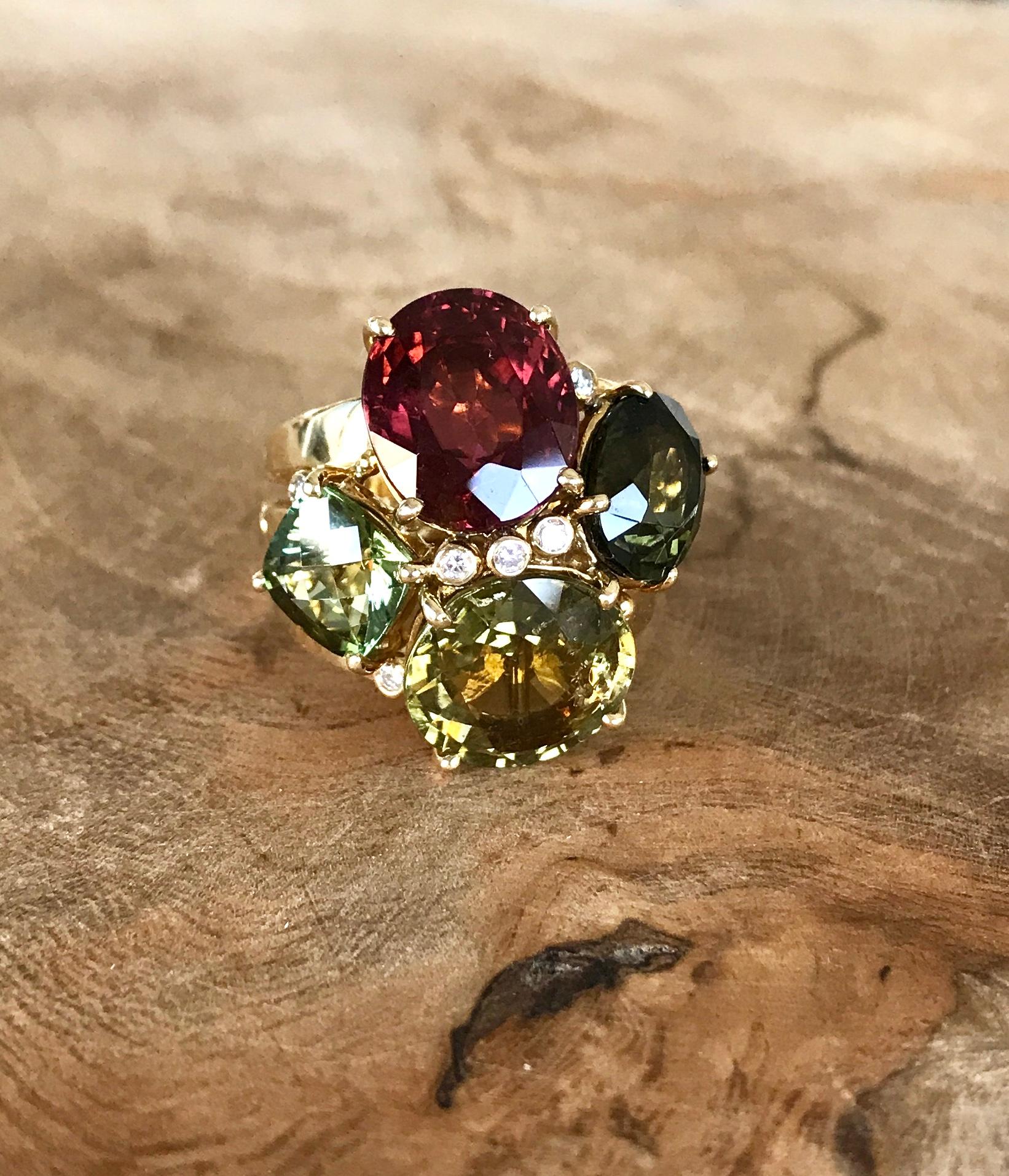 Contemporary 18 Karat Yellow Gold Rubellite Multi Tourmaline Diamond Cluster Cocktail Ring For Sale