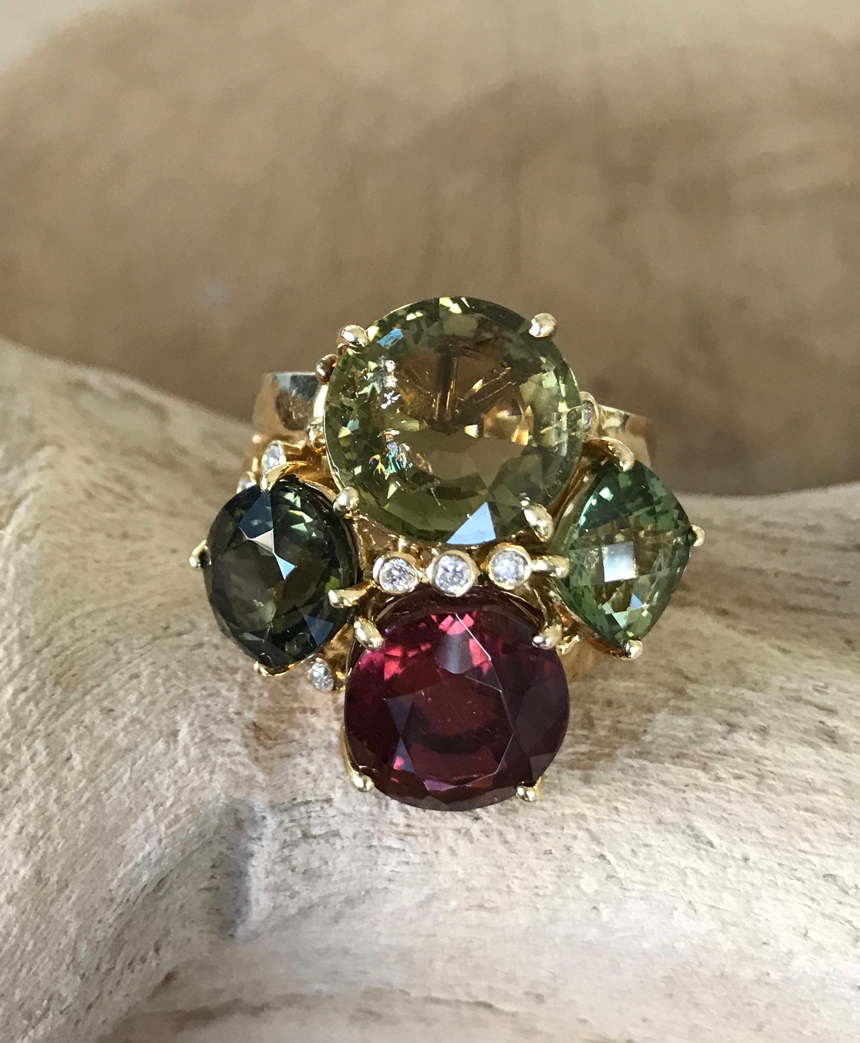 18 Karat Yellow Gold Rubellite Multi Tourmaline Diamond Cluster Cocktail Ring In New Condition For Sale In New York, NY