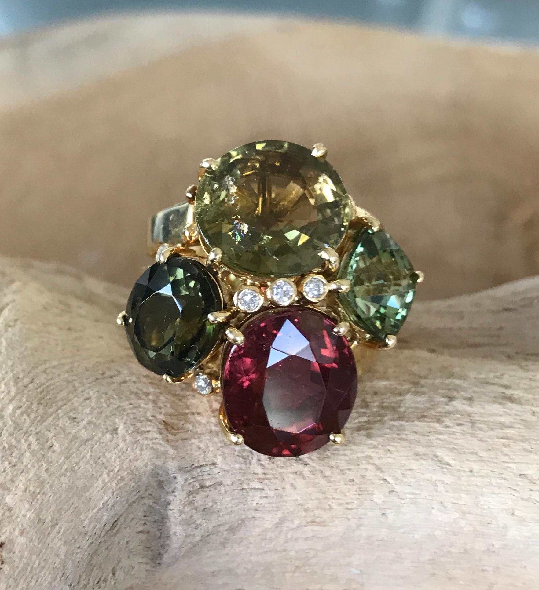 Women's or Men's 18 Karat Yellow Gold Rubellite Multi Tourmaline Diamond Cluster Cocktail Ring For Sale