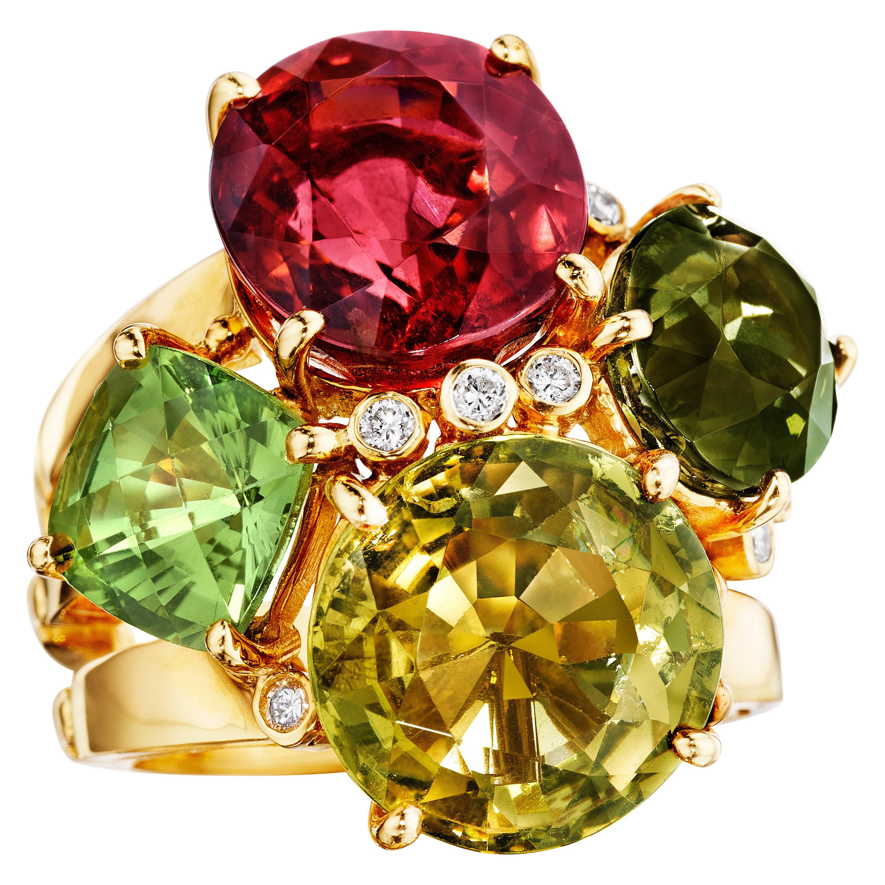 18 Karat Yellow Gold Rubellite Multi Tourmaline Diamond Cluster Cocktail Ring