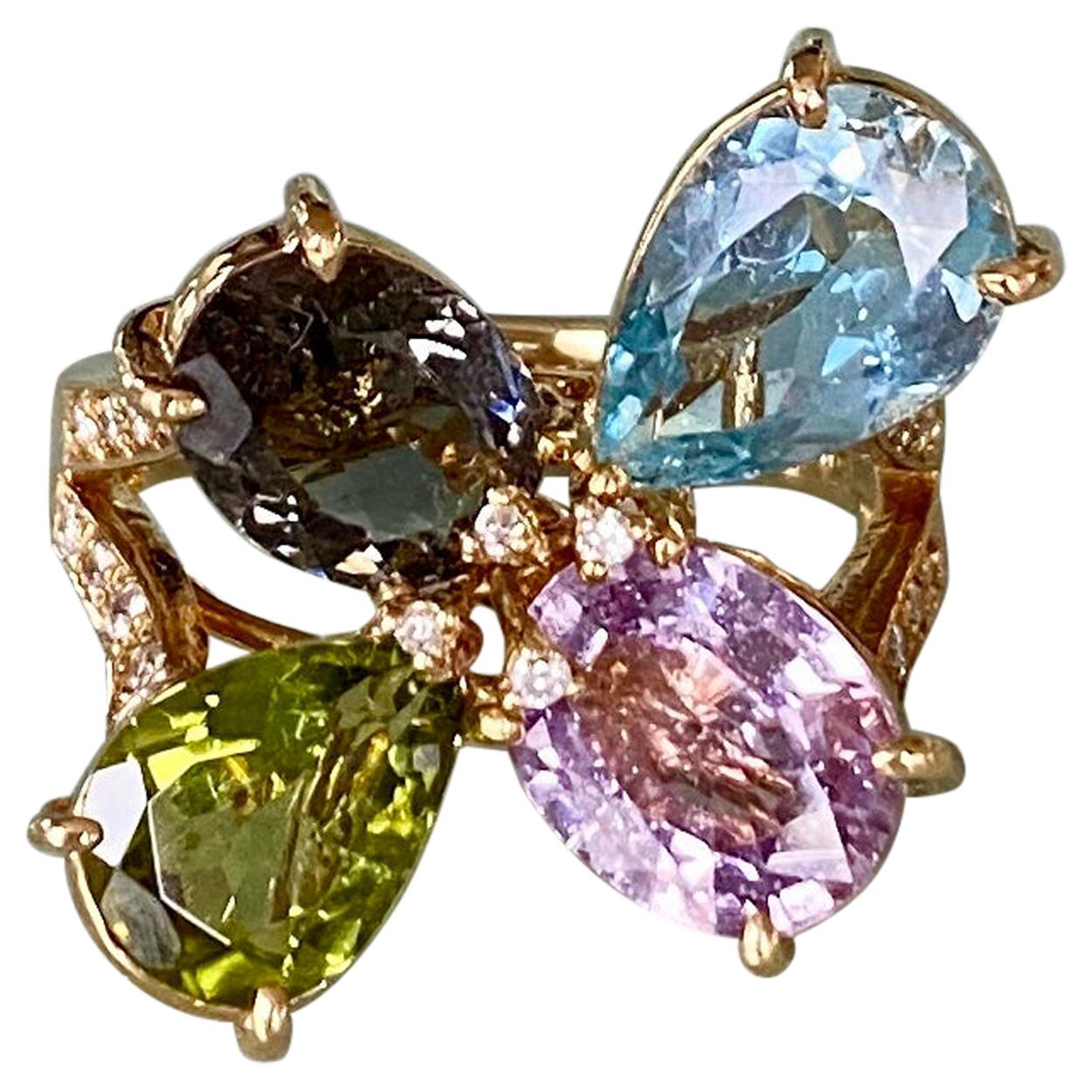 Diamantring aus 18 Karat Gelbgold mit Saphir, Aquamarin, Turmalin und Peridot