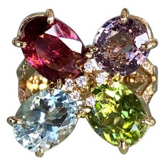 Joon Han Sapphire Aquamarine Tourmaline Peridot Diamond 18K Gold Cluster Ring