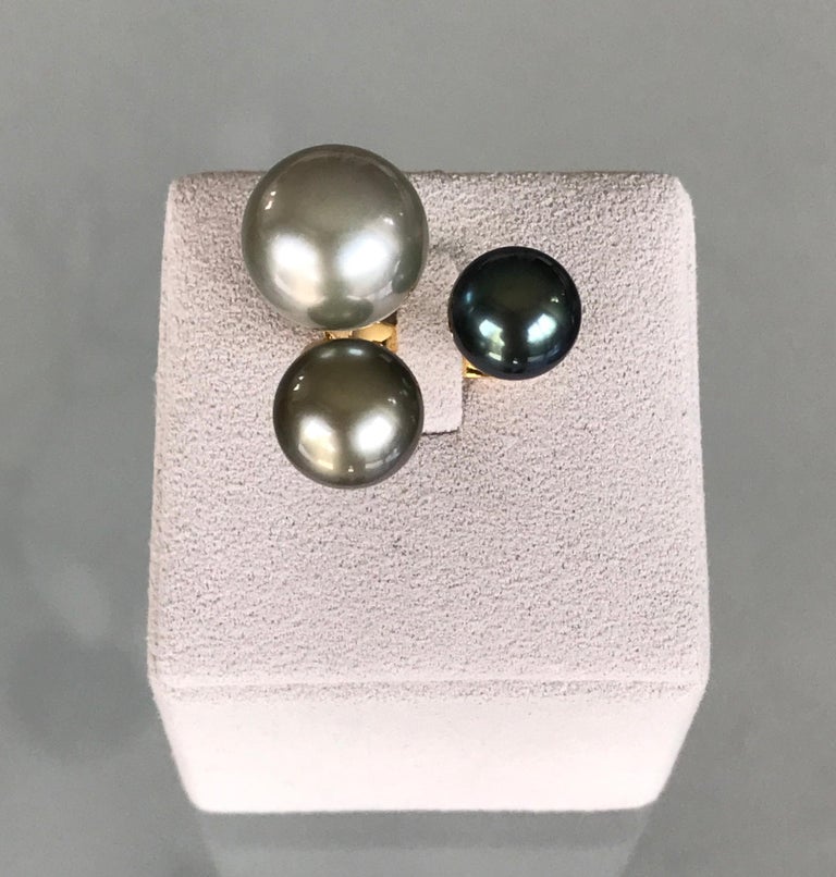 18 Karat Yellow Gold South Sea Tahitian Multi-Color Pearl Cluster Cocktail Ring For Sale 1