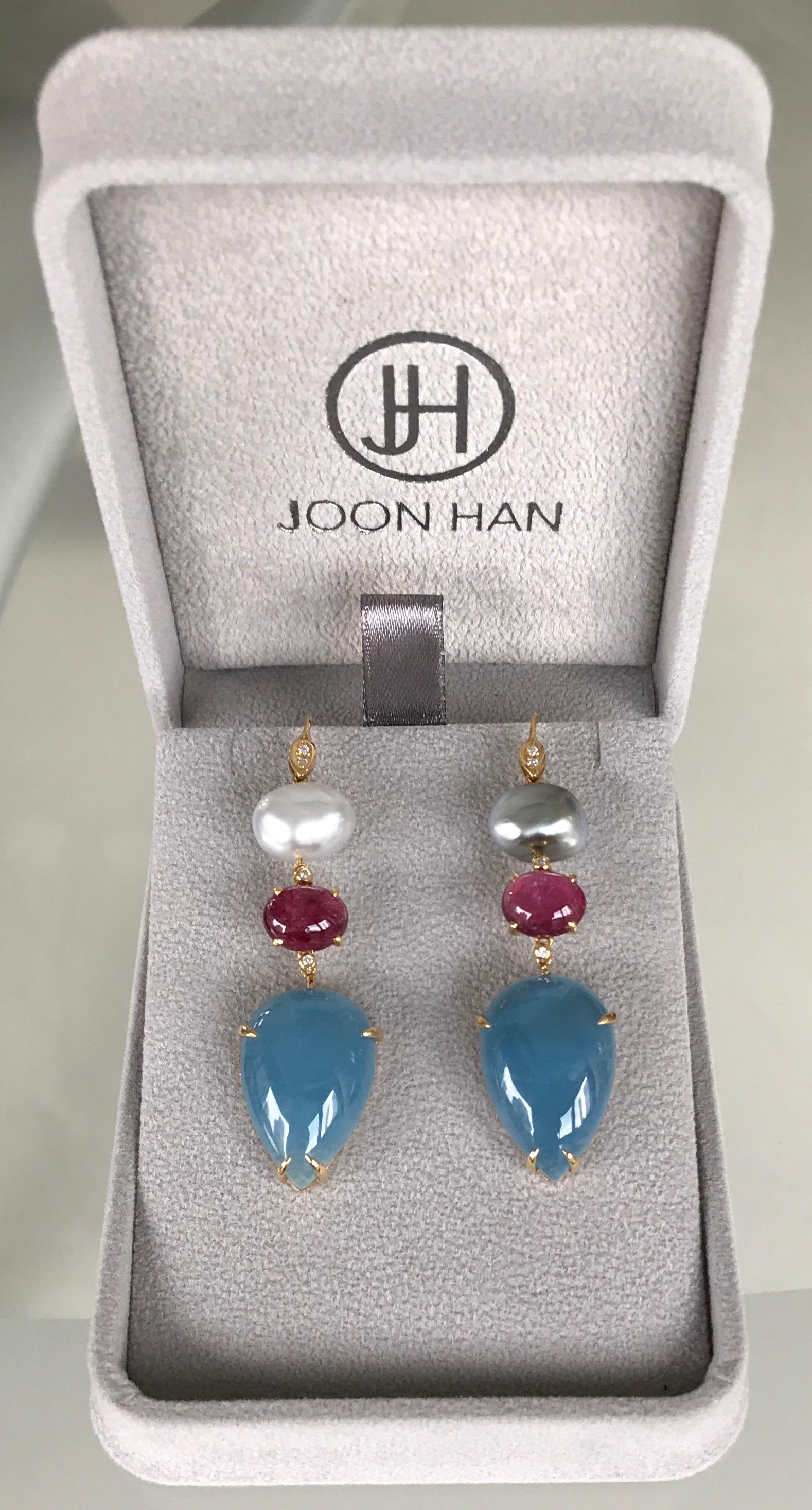 Women's or Men's Joon Han South Sea Tahitian Keshi Pearl Tourmaline Aquamarine 18K Drop Earrings For Sale