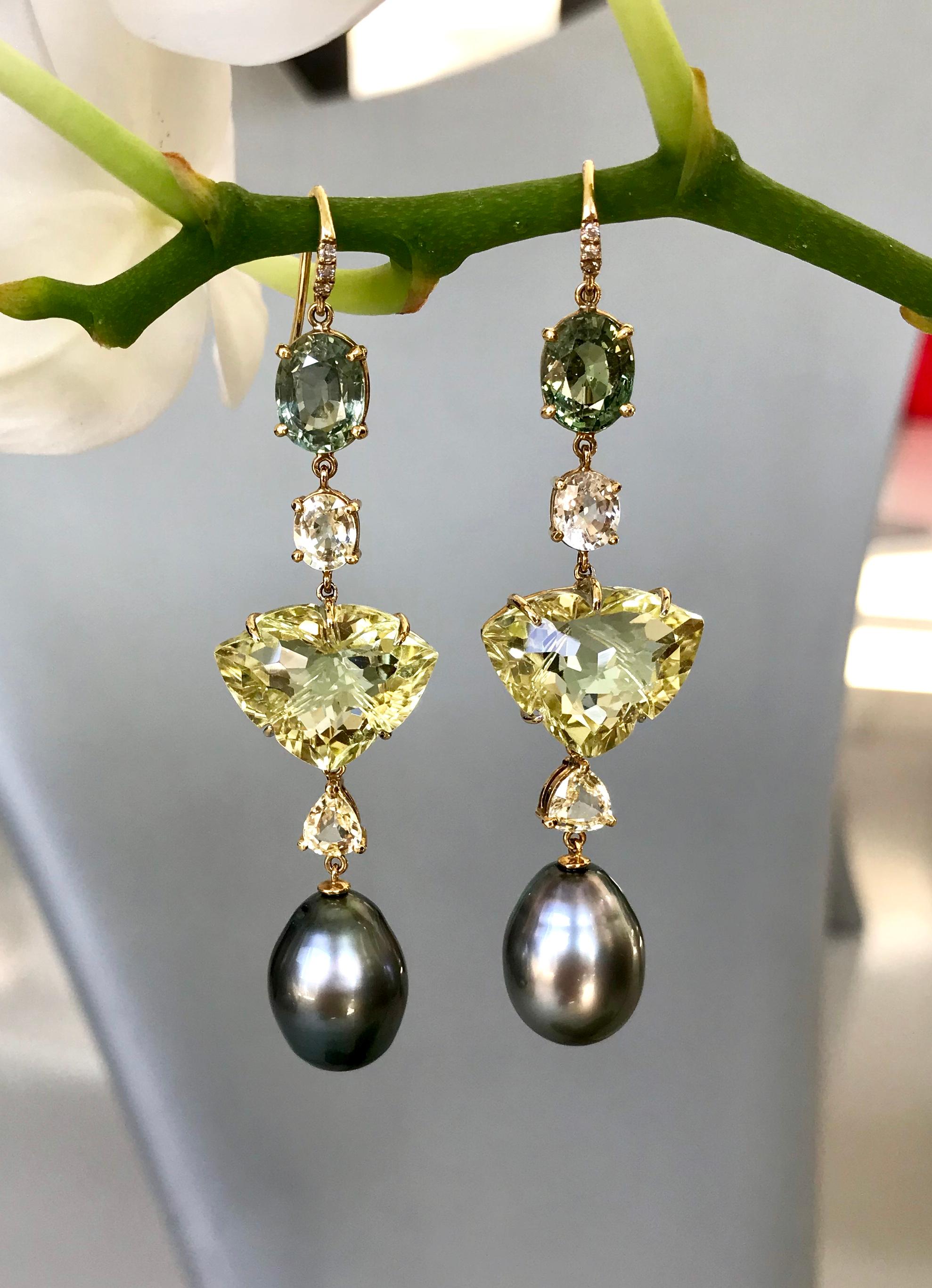 Joon Han one-of-a-kind shoulder duster earrings with multicolor South Sea Tahitian grey pearls, unique carved lemon quartz, sapphires, tourmalines, and diamonds. These exquisite drop dangle statement earrings are elegant yet whimsically fun, perfect