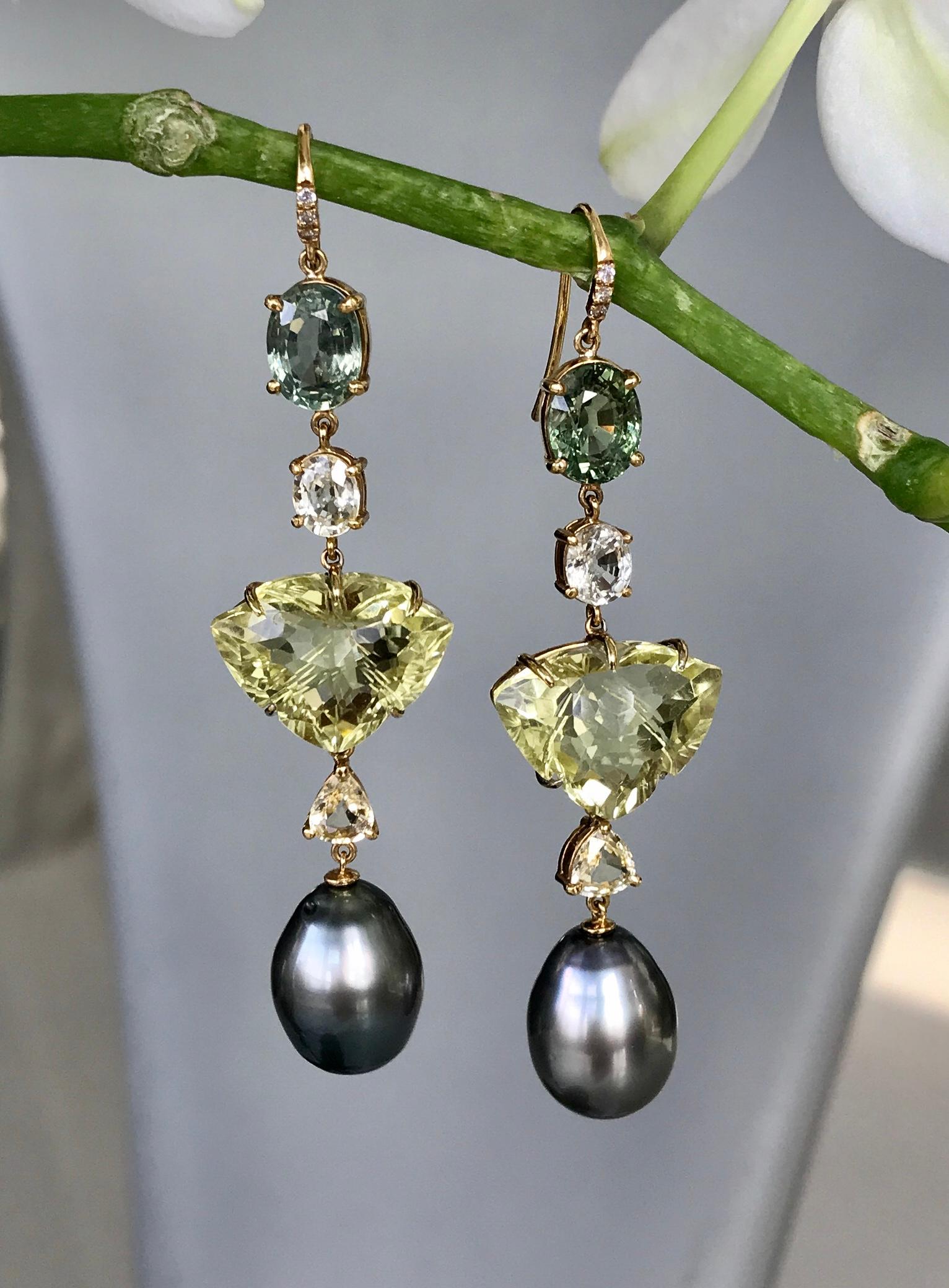 Joon Han South Sea Tahitian Pearl Quartz Sapphire Tourmaline Diamond Earrings In New Condition In New York, NY