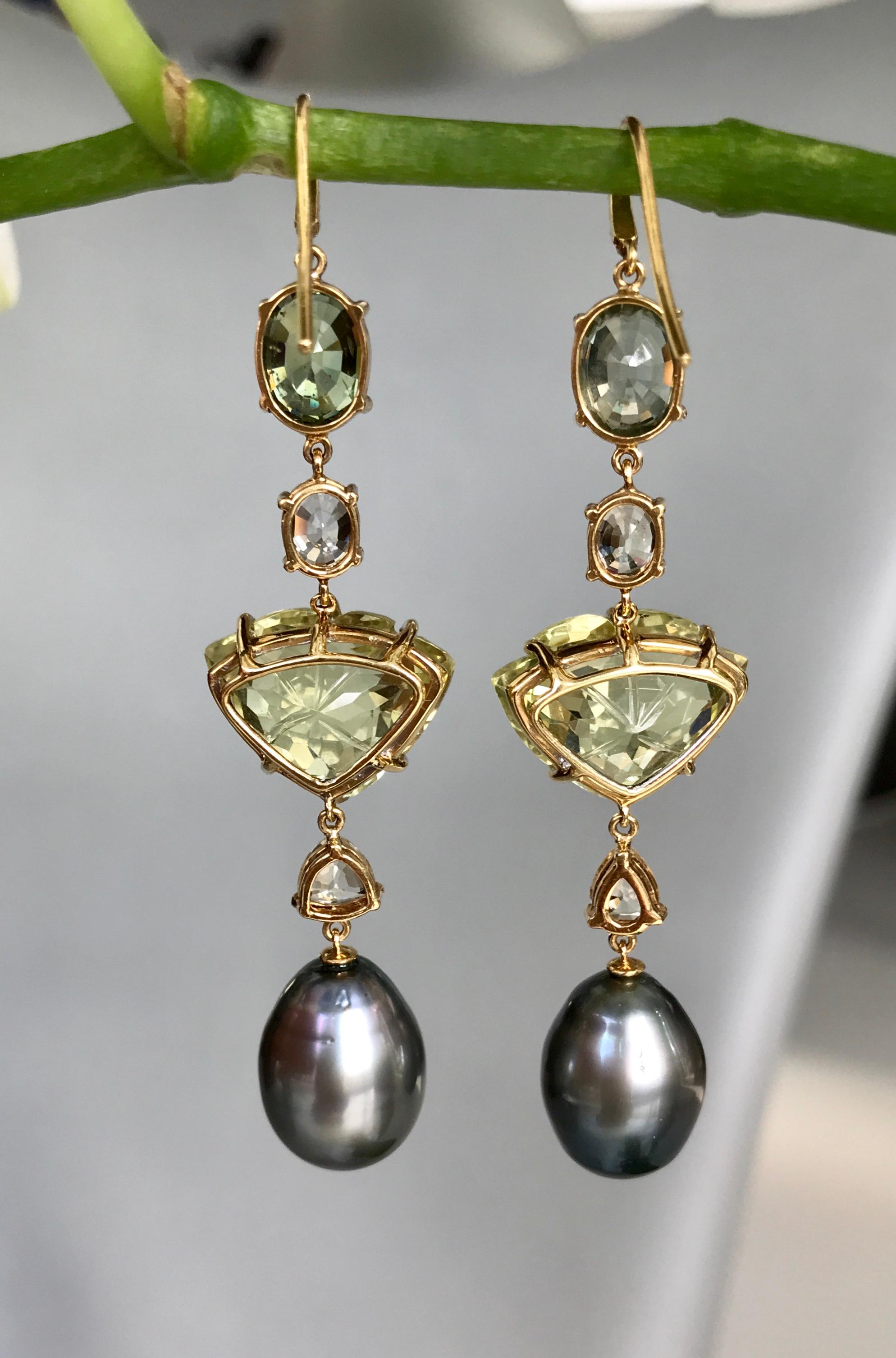 Women's or Men's Joon Han South Sea Tahitian Pearl Quartz Sapphire Tourmaline Diamond Earrings