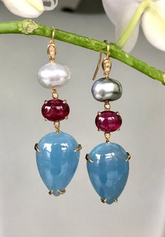 18 Karat Gold South Sea Tahitian Pearl Rubellite Aquamarine Diamond Earrings