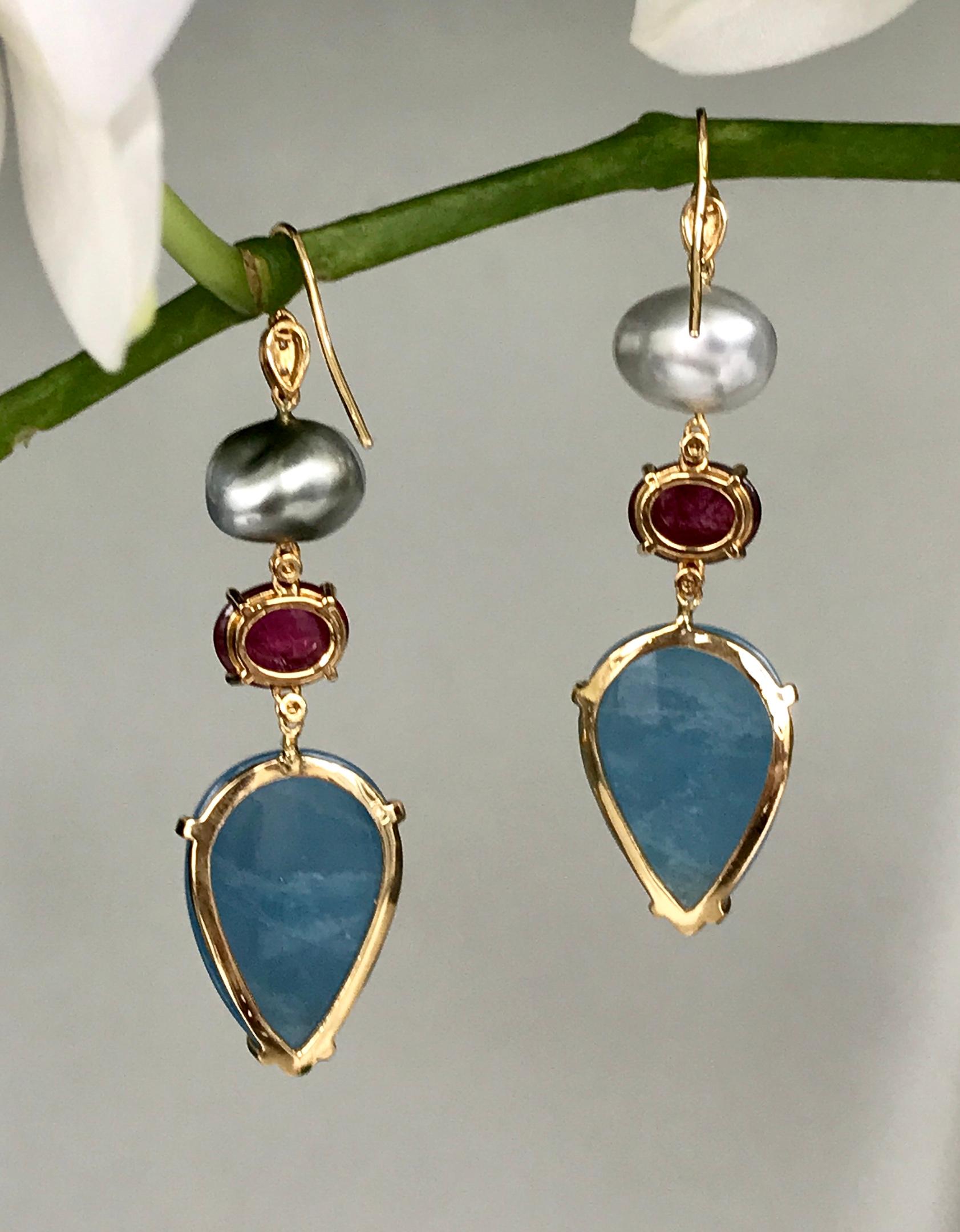 18 Karat Gold South Sea Tahitian Pearl Rubellite Aquamarine Diamond Earrings In New Condition For Sale In New York, NY