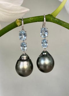 18 Karat White Gold Black Tahitian Pearl Aquamarine Diamond Drop Dangle Earrings