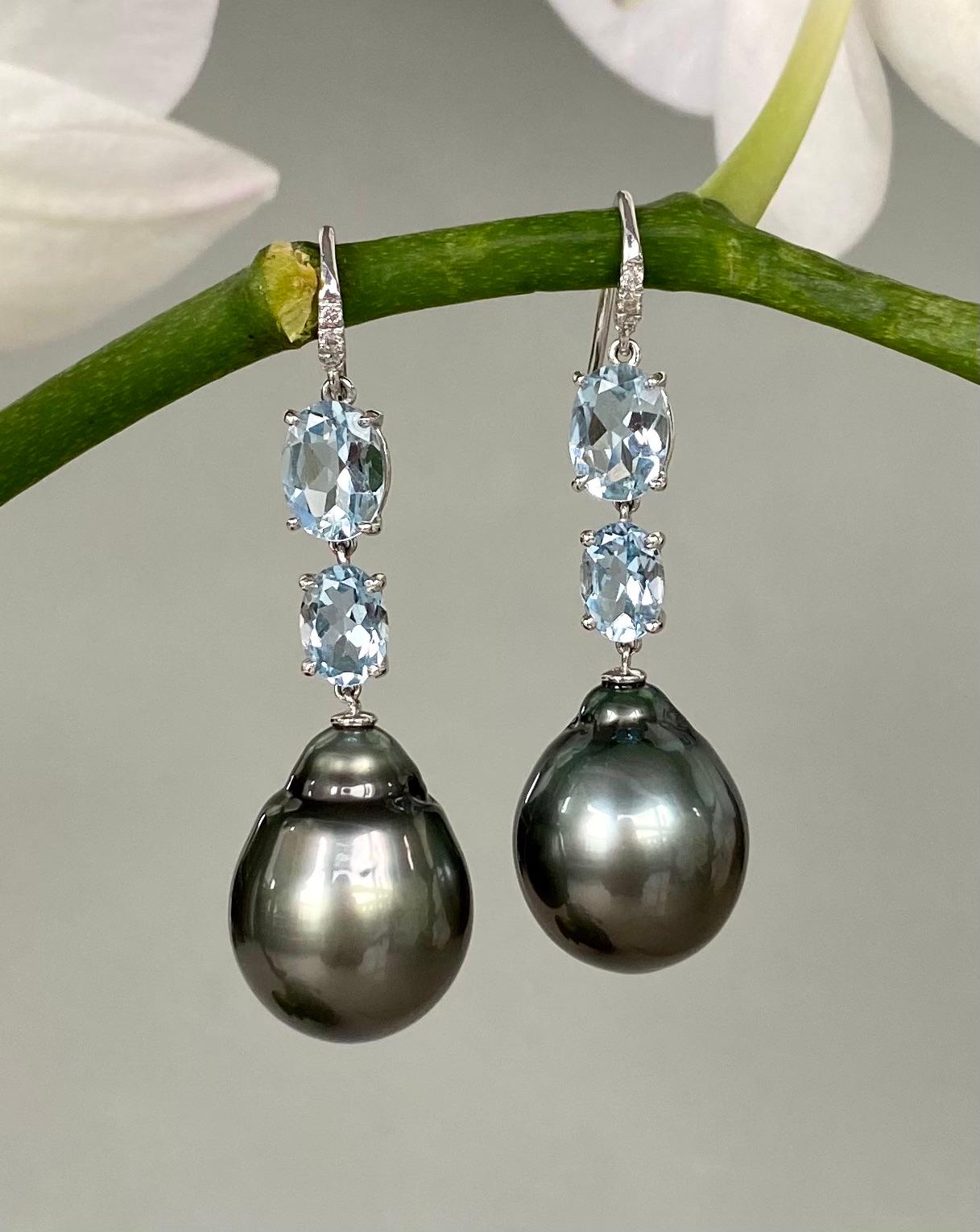Mixed Cut 18 Karat White Gold Black Tahitian Pearl Aquamarine Diamond Drop Dangle Earrings For Sale