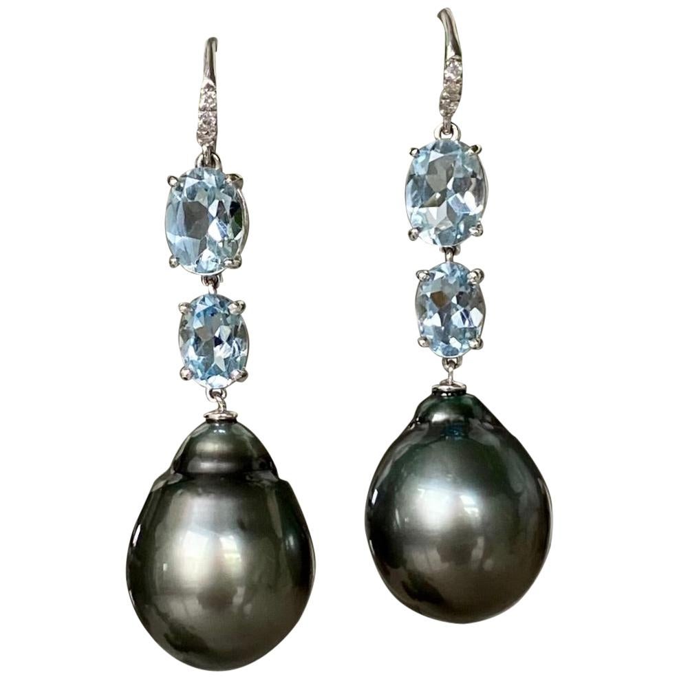 18 Karat White Gold Black Tahitian Pearl Aquamarine Diamond Drop Dangle Earrings For Sale