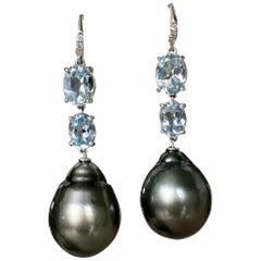 18 Karat White Gold Black Tahitian Pearl Aquamarine Diamond Drop Dangle Earrings