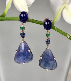 18 Karat Rose Gold Tanzanite Emerald Sapphire Diamond Drop Dangle Earrings