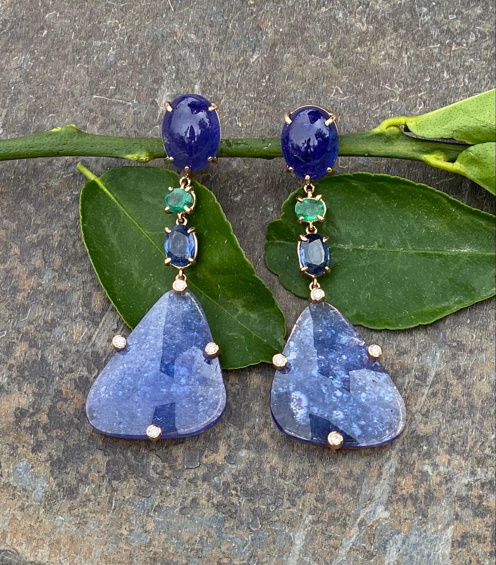 Contemporary 18 Karat Rose Gold Tanzanite Emerald Sapphire Diamond Drop Dangle Earrings For Sale