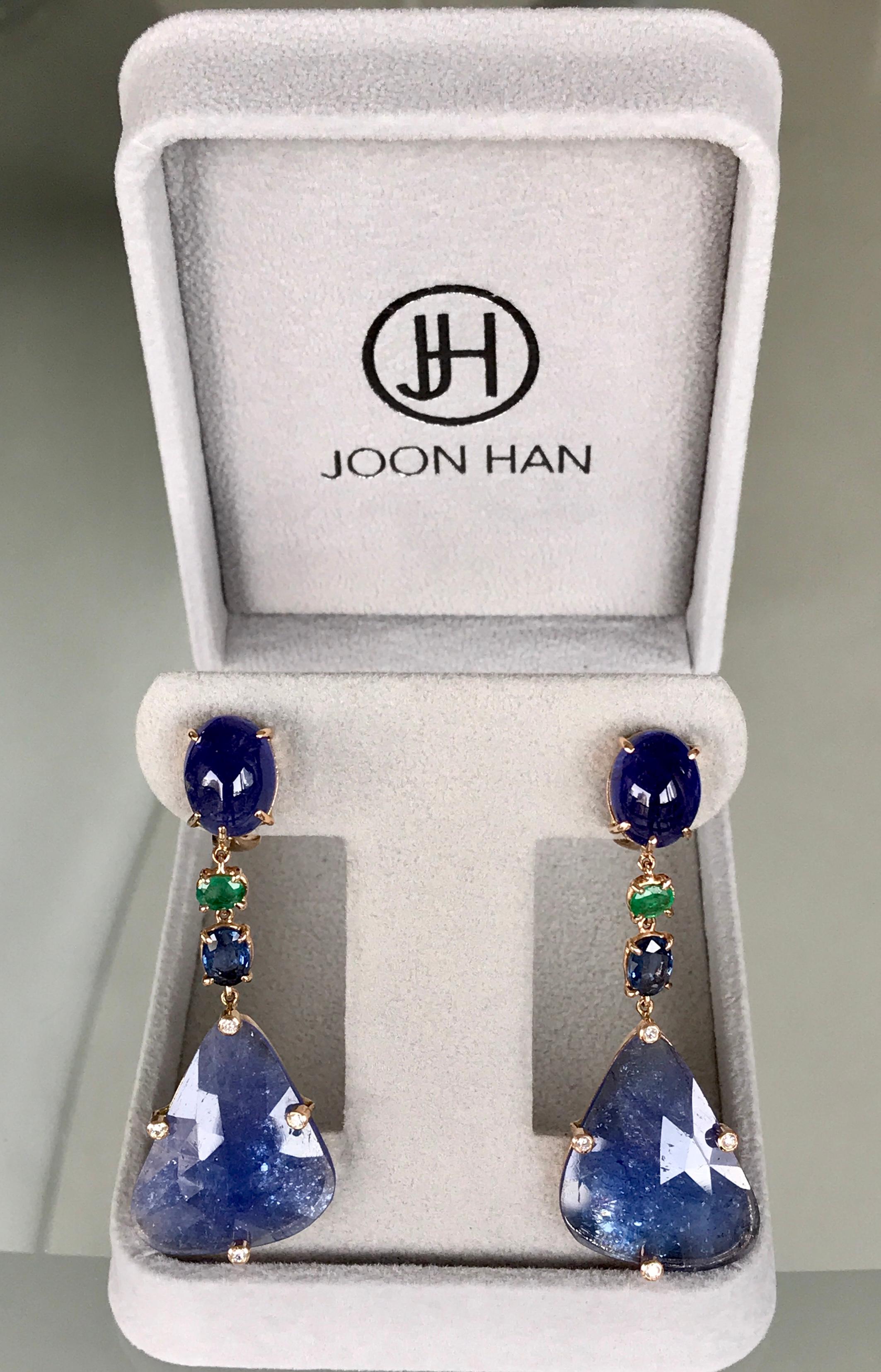 Women's 18 Karat Rose Gold Tanzanite Emerald Sapphire Diamond Drop Dangle Earrings For Sale