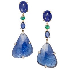 Pendants d'oreilles en goutte en or rose 18 carats avec tanzanite, émeraude, saphir et diamant