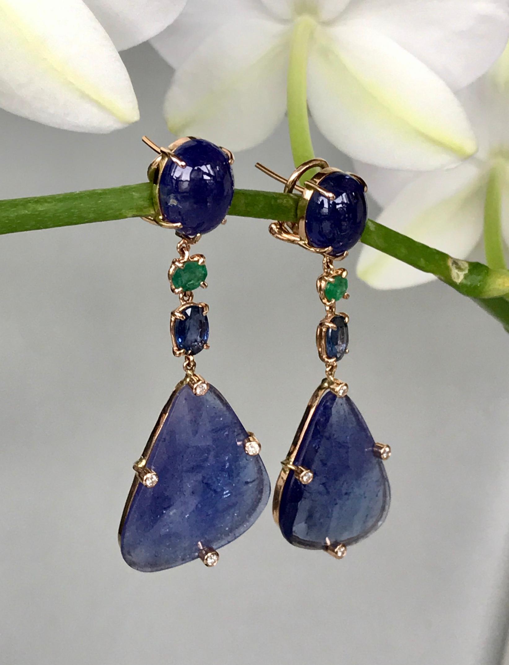 Contemporary Joon Han Tanzanite Emerald Sapphire Diamond 18K Rose Gold Drop Dangle Earrings For Sale