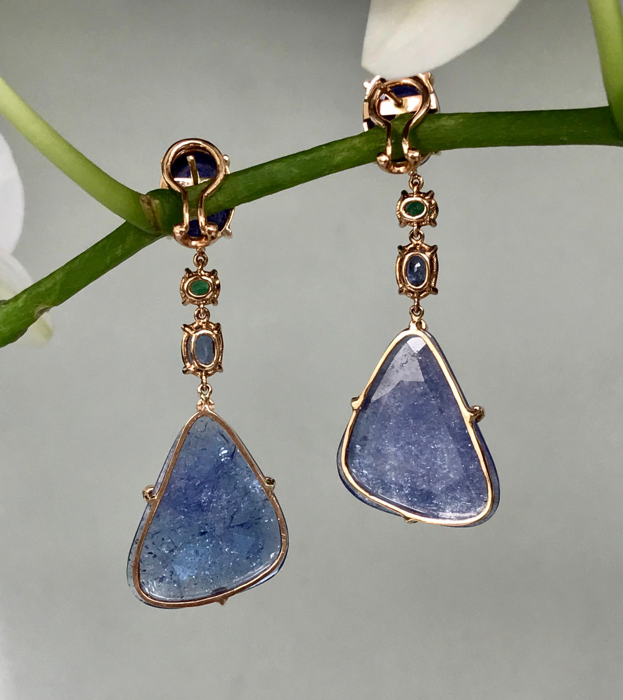 Joon Han Tanzanite Emerald Sapphire Diamond 18K Rose Gold Drop Dangle Earrings In New Condition For Sale In New York, NY