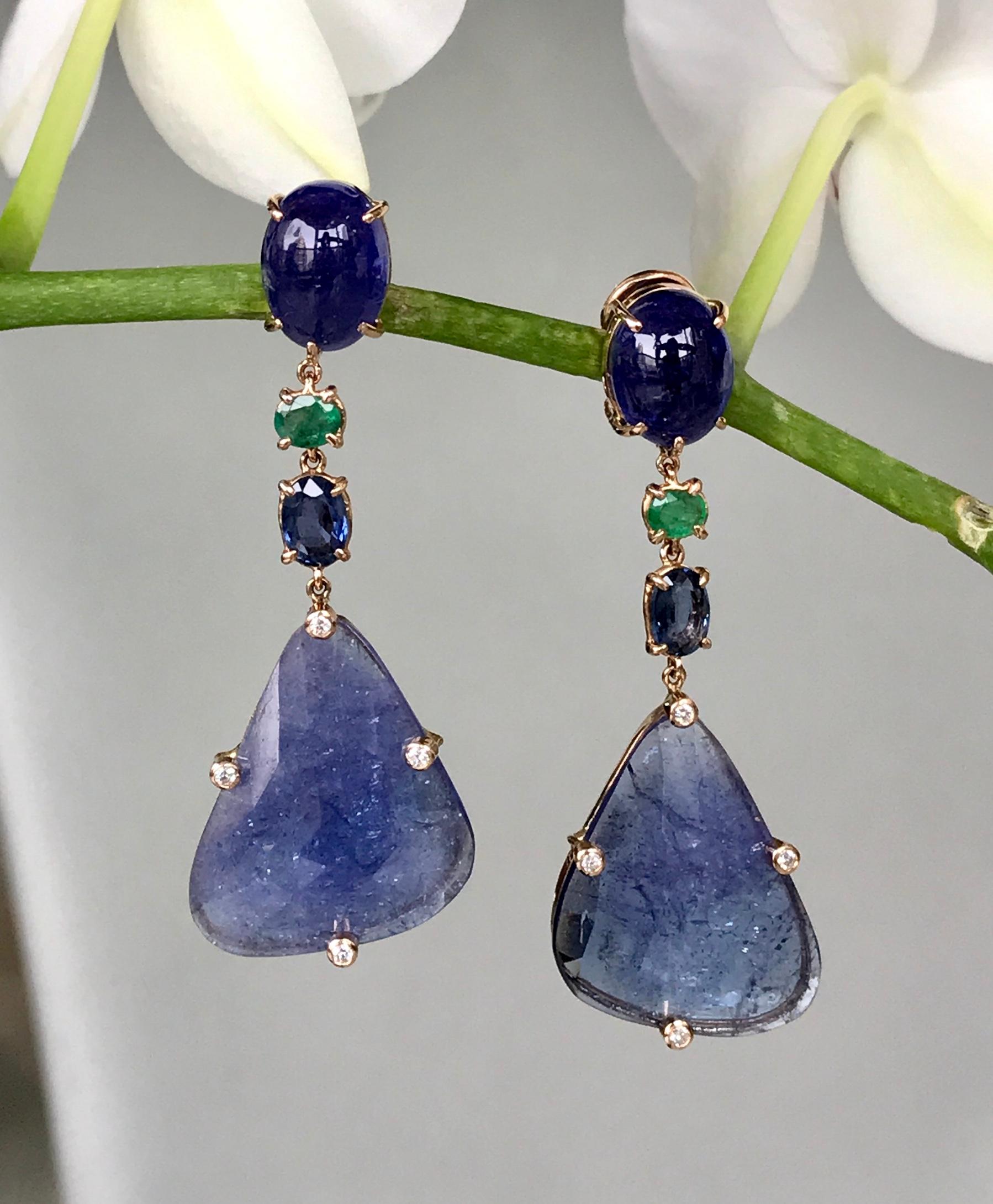 Women's or Men's Joon Han Tanzanite Emerald Sapphire Diamond 18K Rose Gold Drop Dangle Earrings For Sale