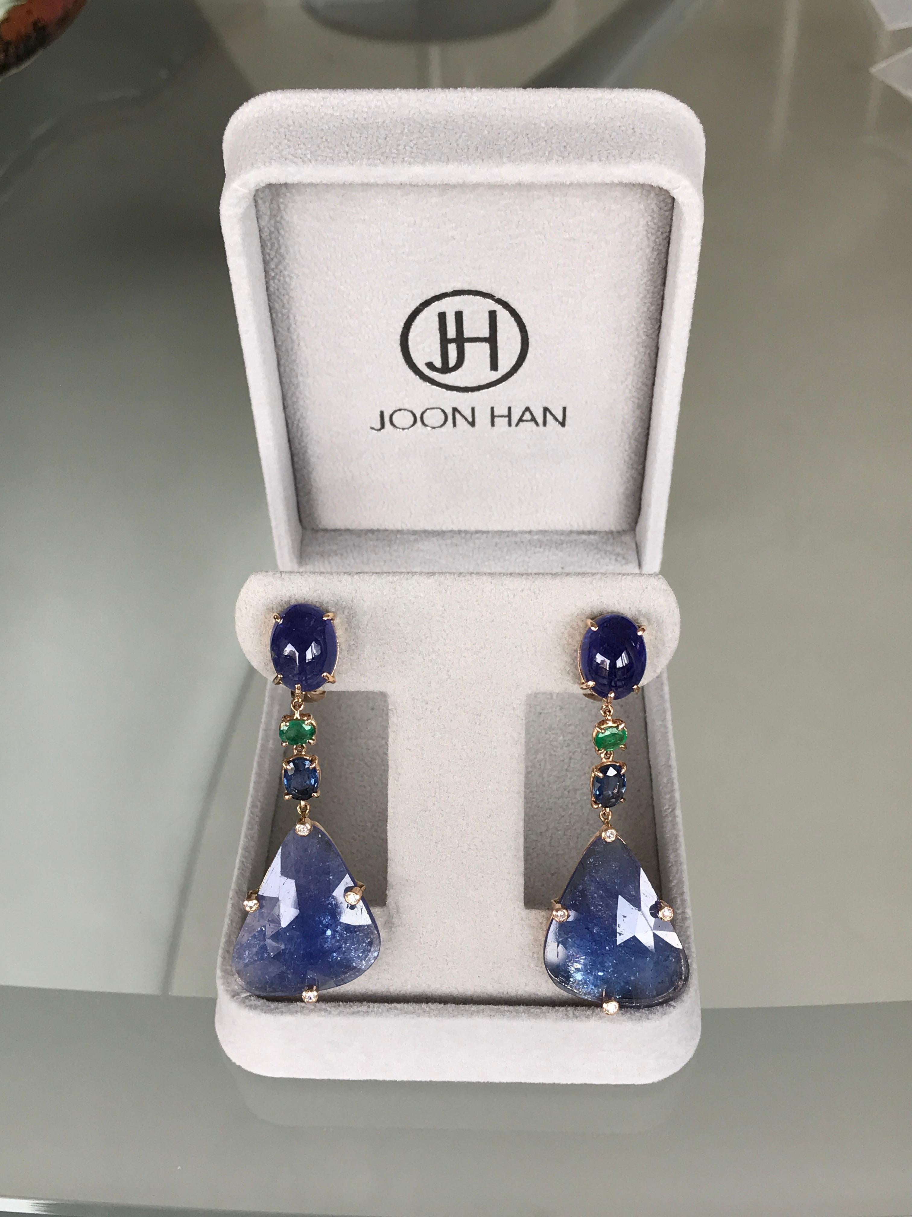 Joon Han Tanzanite Emerald Sapphire Diamond 18K Rose Gold Drop Dangle Earrings For Sale 1
