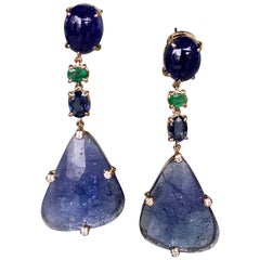 Joon Han Tanzanite Emerald Sapphire Diamond 18K Rose Gold Drop Dangle Earrings