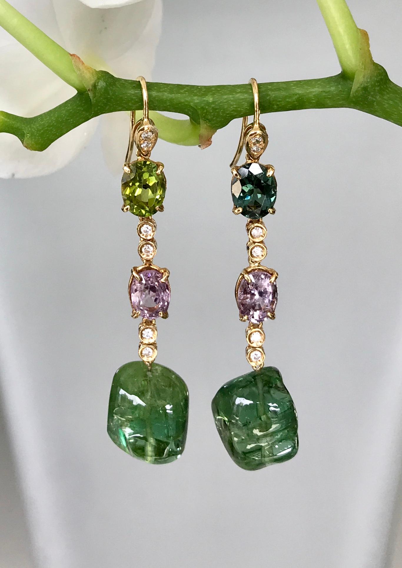 One-of-a-kind drop earrings of green tourmaline nuggets, faceted spinels and tourmalines, and white diamonds, handcrafted in 18 karat yellow gold. 

These unusual tourmaline nuggets are beautifully natural in form and are vibrant shades of