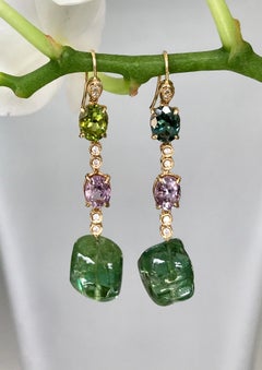 18 Karat Yellow Gold Tourmaline Nuggets Spinel Diamond Drop Dangle Earrings