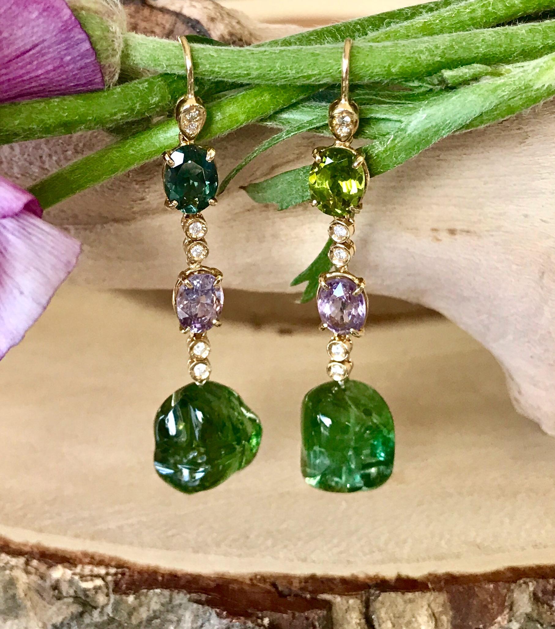Joon Han one-of-a-kind drop earrings of green tourmaline nuggets, faceted spinels and tourmalines, and white diamonds, handcrafted in 18K yellow gold. These exquisite dangle earrings sway gently as you move, and are a refreshing pop of vibrant
