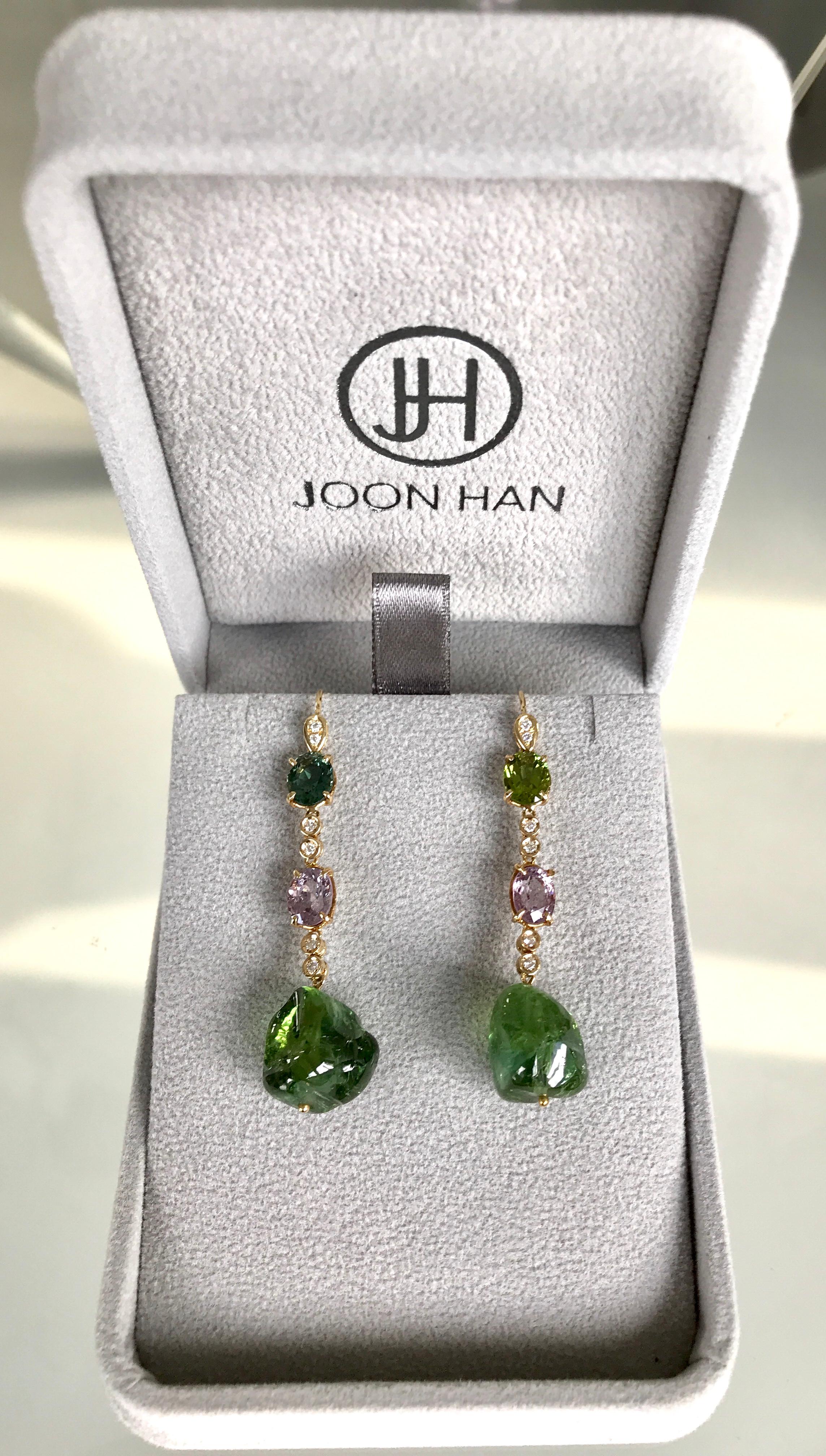 Joon Han Tourmaline Nuggets Spinel Diamond 18K Gold Drop Dangle Earrings For Sale 2