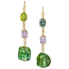 Joon Han Tourmaline Nuggets Spinel Diamond 18K Gold Drop Dangle Earrings