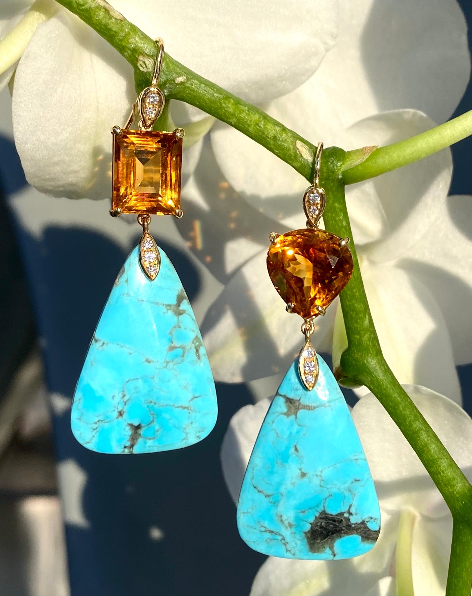 One-of-a-kind earrings of turquoise slices with faceted citrines and diamonds, handcrafted in 18 karat yellow gold. 2 1/4 inches or 57 mm in length.

A gorgeous combination of vibrant Kingman turquoise paired with richly-hued citrines and white
