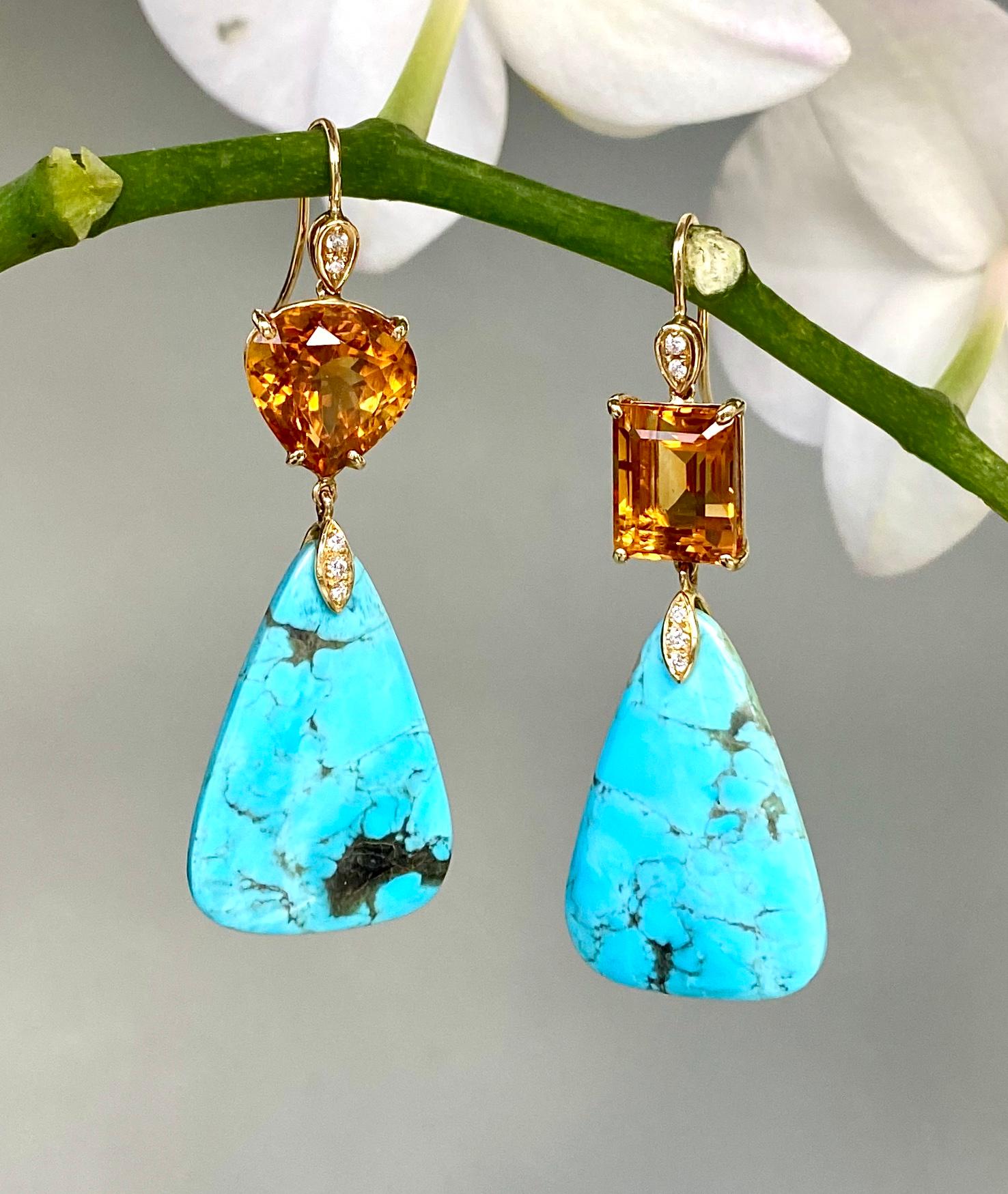 Contemporary 18 Karat Yellow Gold Turquoise Citrine and Diamond Drop Dangle Earrings