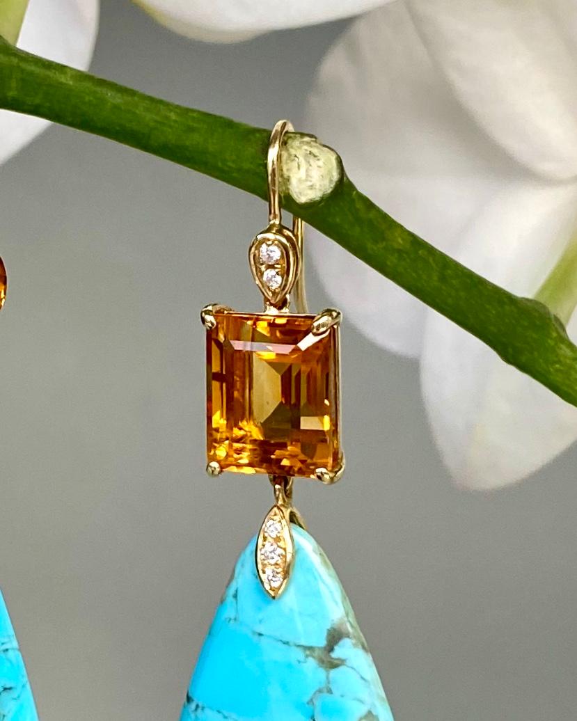 18 Karat Yellow Gold Turquoise Citrine and Diamond Drop Dangle Earrings In New Condition In New York, NY