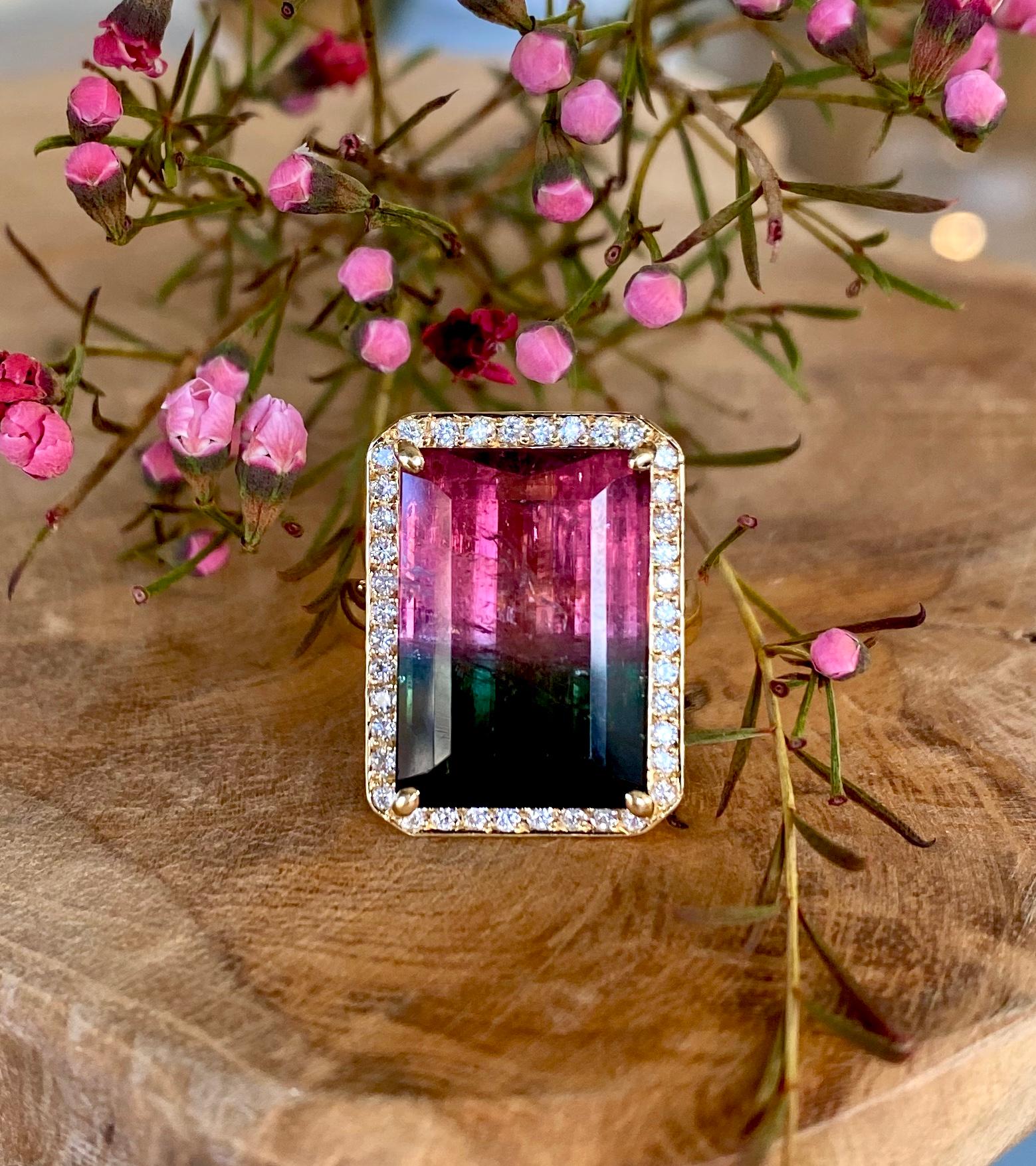 Joon Han stunning one-of-a-kind bicolor watermelon tourmaline cocktail ring of 17.29 carats, surrounded by white diamonds and handcrafted in 18 karat yellow gold. 

If you’re looking for an exquisite bicolor watermelon tourmaline, look no further