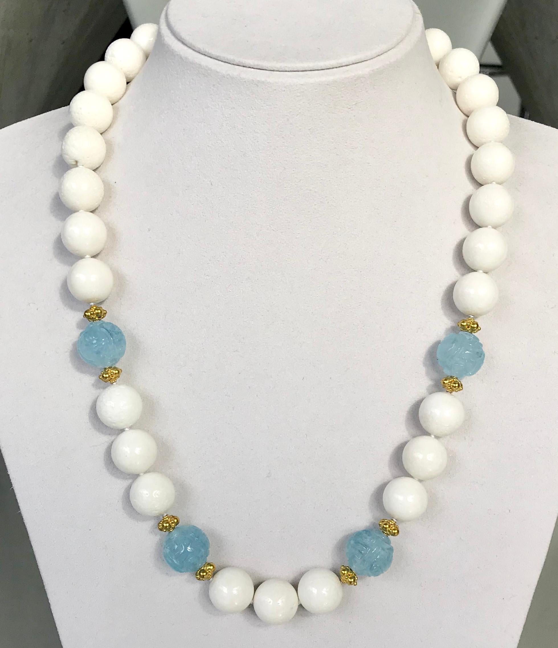 Mixed Cut 18 Karat Yellow Gold White Coral Carved Aquamarine Beaded Necklace