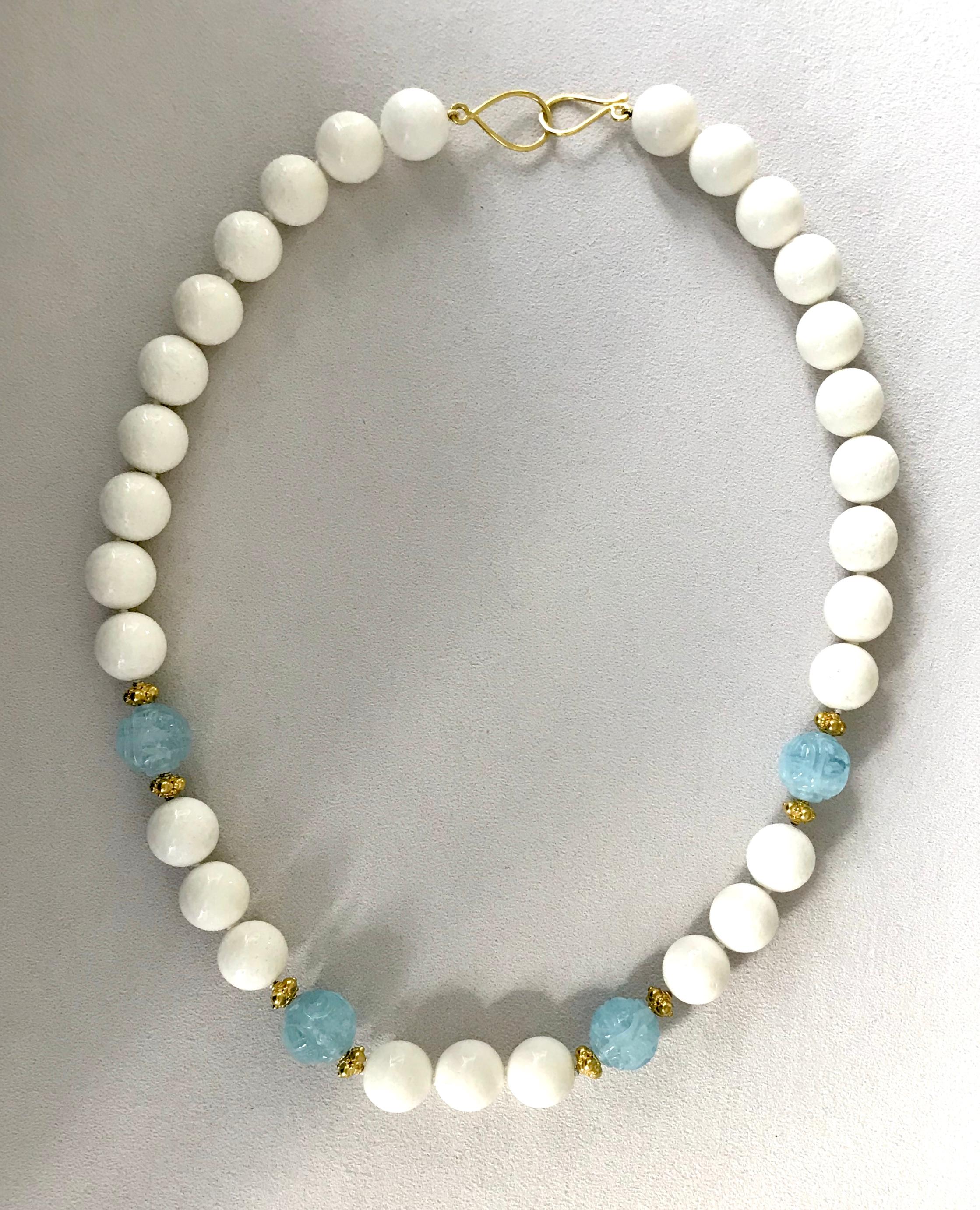 Women's 18 Karat Yellow Gold White Coral Carved Aquamarine Beaded Necklace