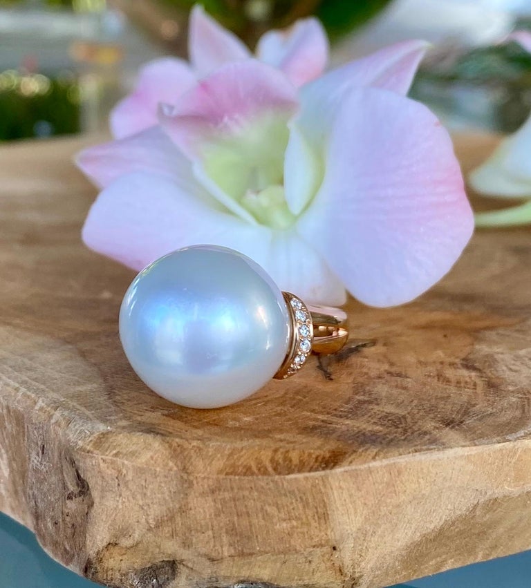 Round Cut 18 Karat Rose Gold White South Sea Pearl Diamond Solitaire Cocktail Ring For Sale
