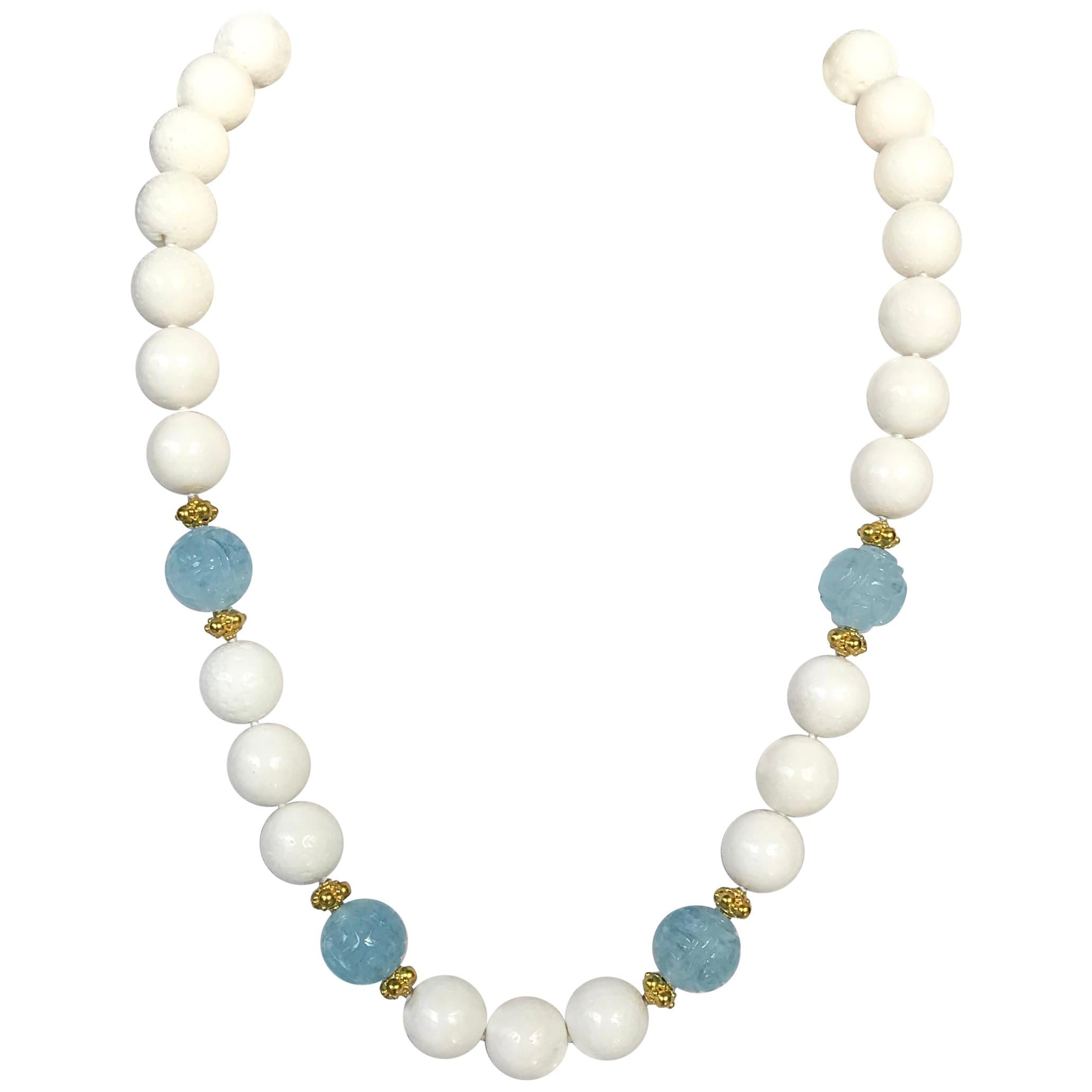 White Sponge Coral Aquamarine 18 Karat Gold Enhancers Bead Necklace For Sale